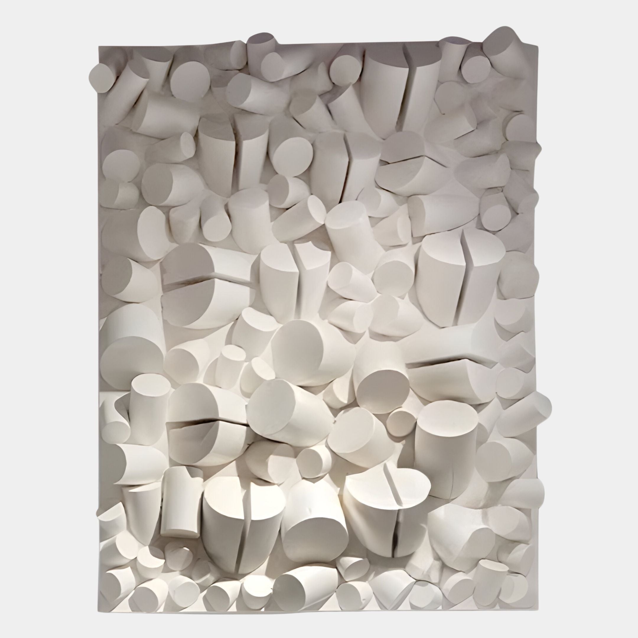 The Forme II Cream Wood Cluster Abstract 3D Wall Art by Giant Sculptures features a dense array of white cylindrical and curved shapes, creating a Wabi-Sabi-inspired, textured, and sculptural three-dimensional surface.