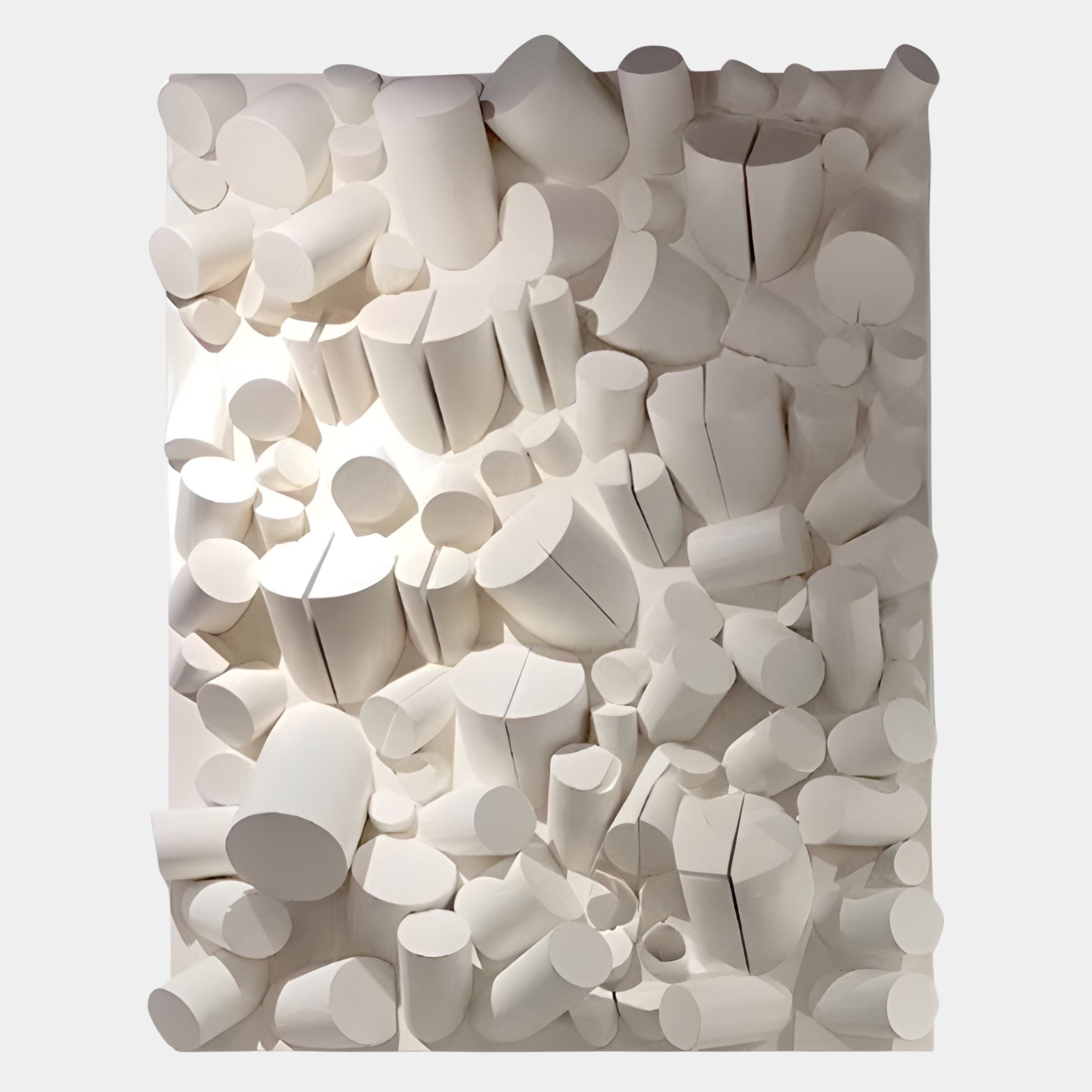 The Forme III Cream Wood Cluster Abstract 3D Wall Art by Giant Sculptures features white, cylindrical and irregularly shaped elements arranged together to create a modern, textured pattern reminiscent of organic geometry.