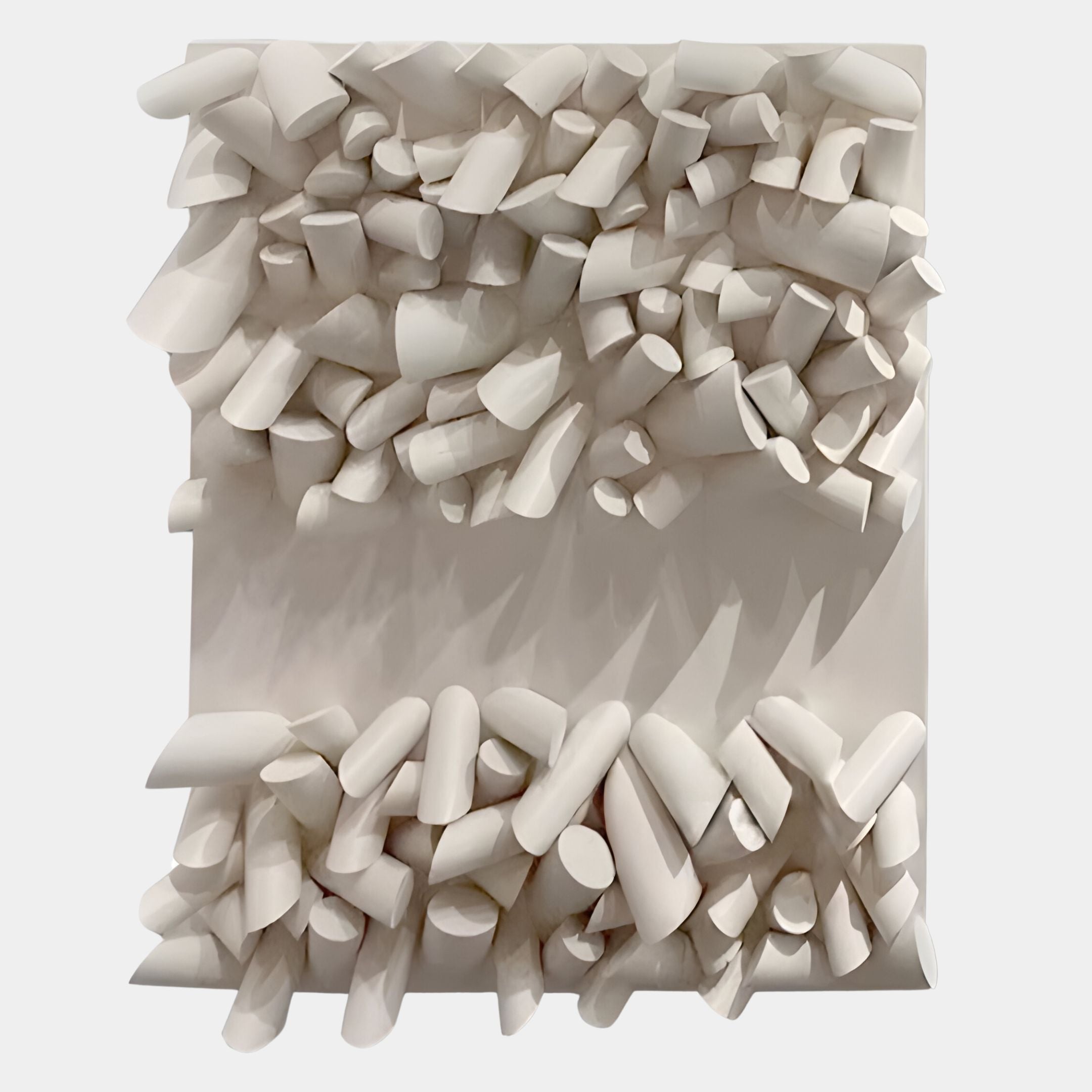 The Forme IV Cream Wood Cluster Abstract 3D Wall Art by Giant Sculptures features smooth cylindrical forms arranged on a square panel, creating organic depth and modern style ideal for contemporary interiors.