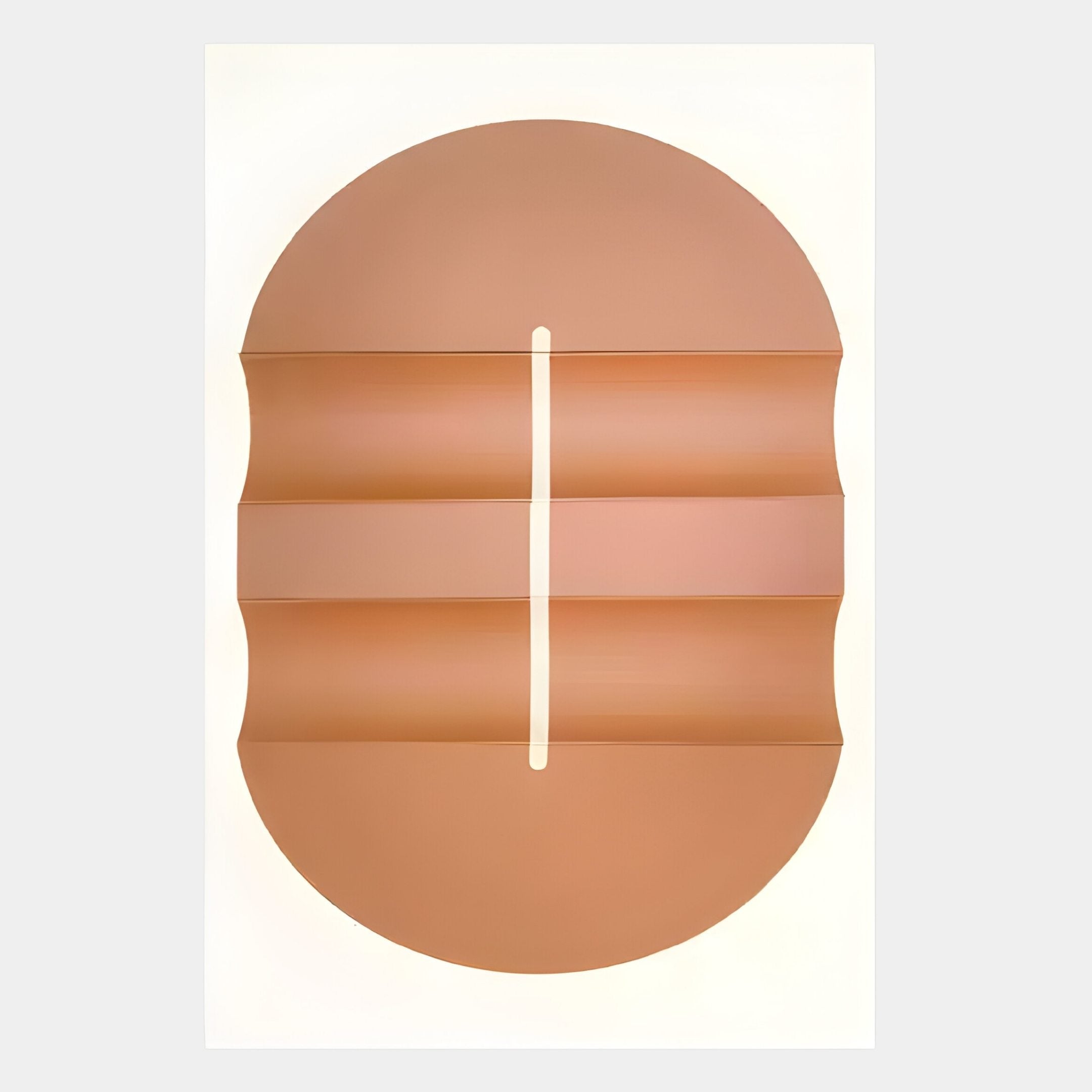 The Ellipse Terracotta Oval Wood 3D Canvas Wall Art by Giant Sculptures features a large peach-toned oval with wave-like indents and raised bands on a white background, adding minimalist, modern decor to any space.