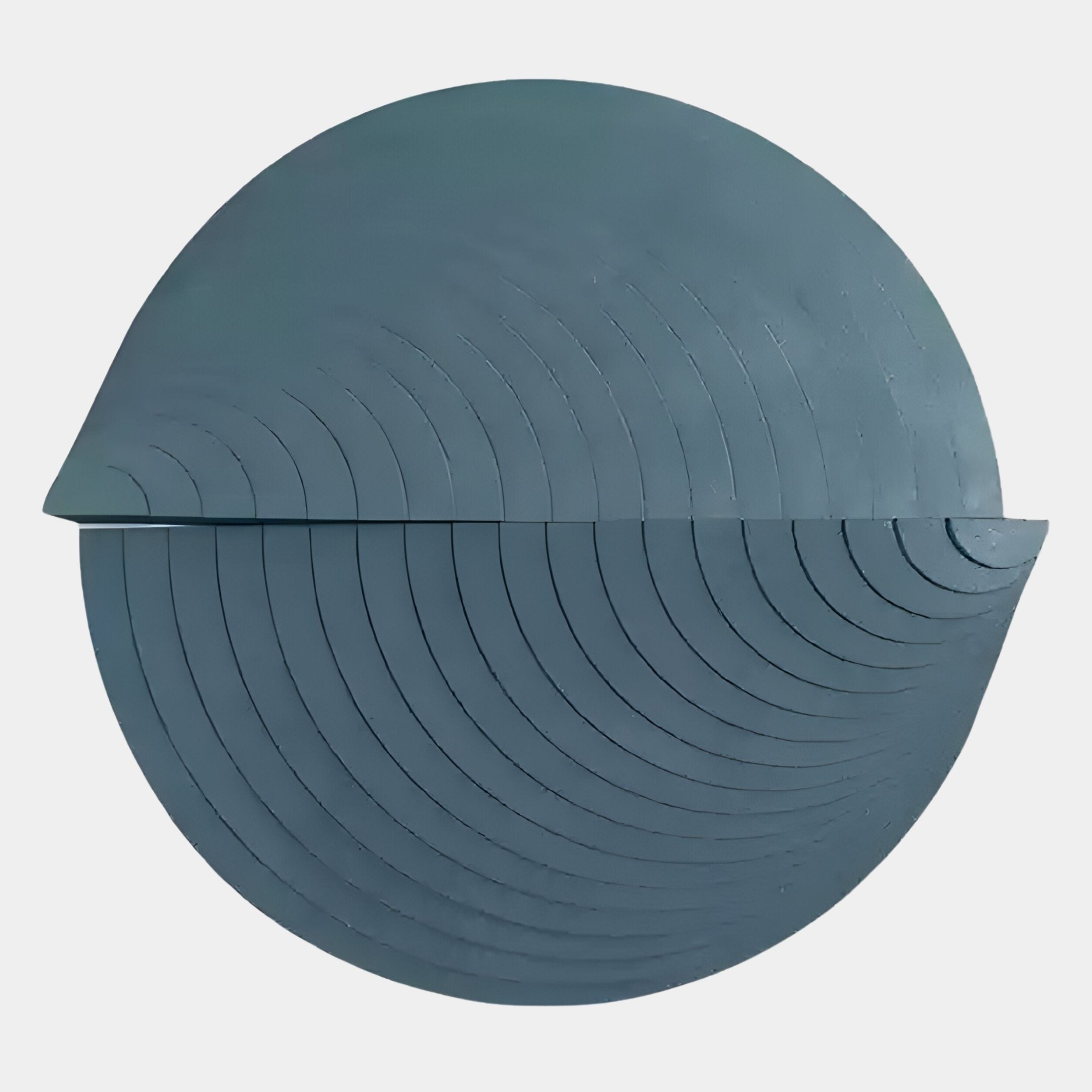 The Orbitals Deep Teal Circular Wood Carved Sandstone 3D Wall Art by Giant Sculptures features concentric wave-like lines and a raised horizontal ridge—perfect minimalist interior decor.