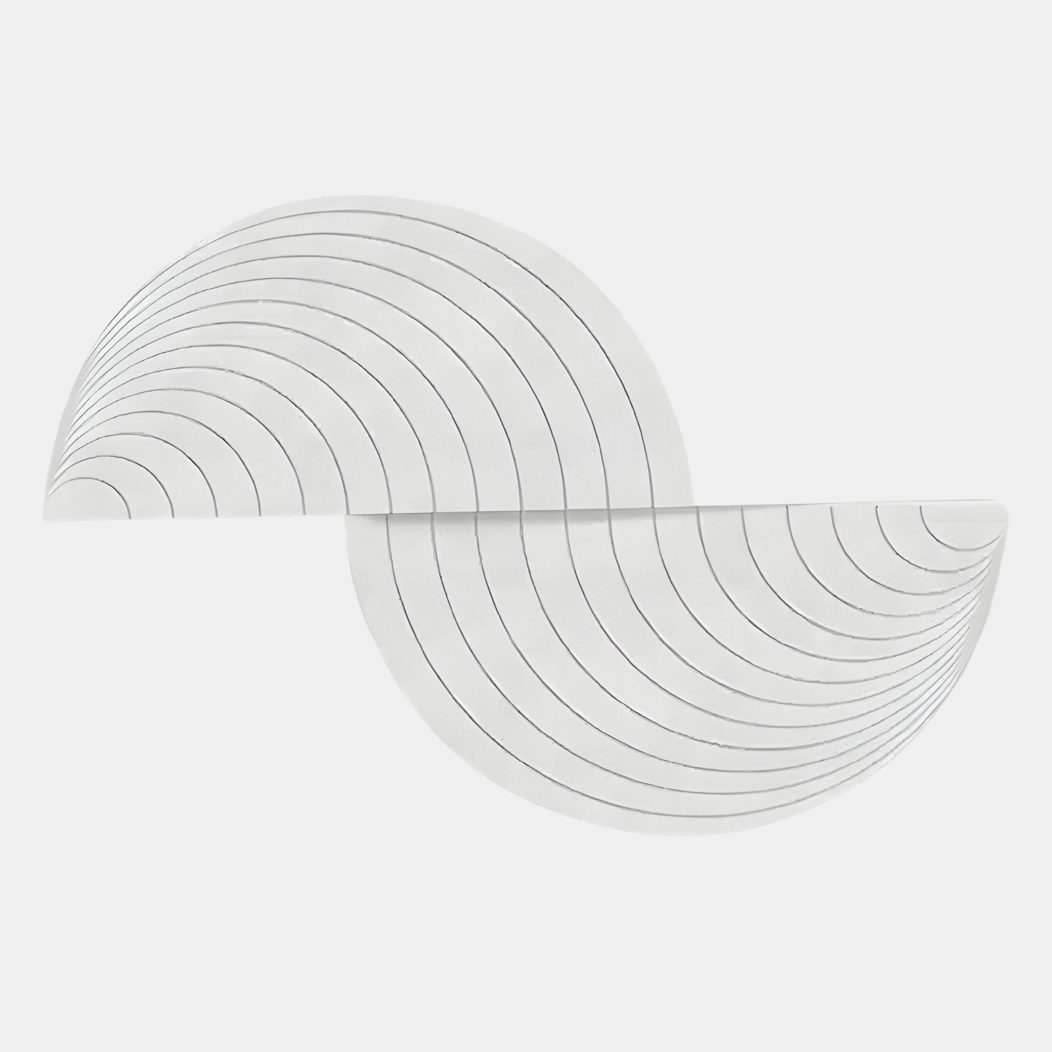 The Orbitals White Semi-Circle Wood Carved Sandstone 3D Wall Art by Giant Sculptures features intersecting white semicircles with radiating black curved lines on a crisp white background, enhanced by a subtle sandstone textured finish.