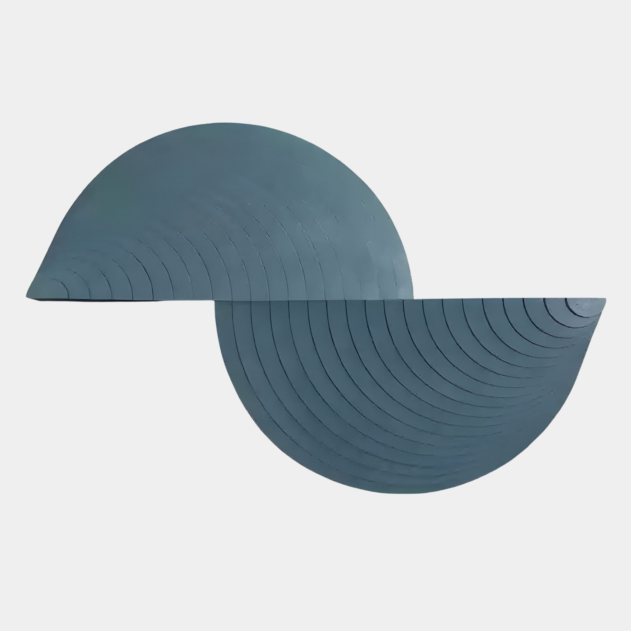 Orbitals Deep Teal Semi-Circle Wood Carved Sandstone 3D Wall Art by Giant Sculptures features overlapping semicircles in teal and bluish-grey, engraved with concentric arcs for a striking geometric design against a white background.