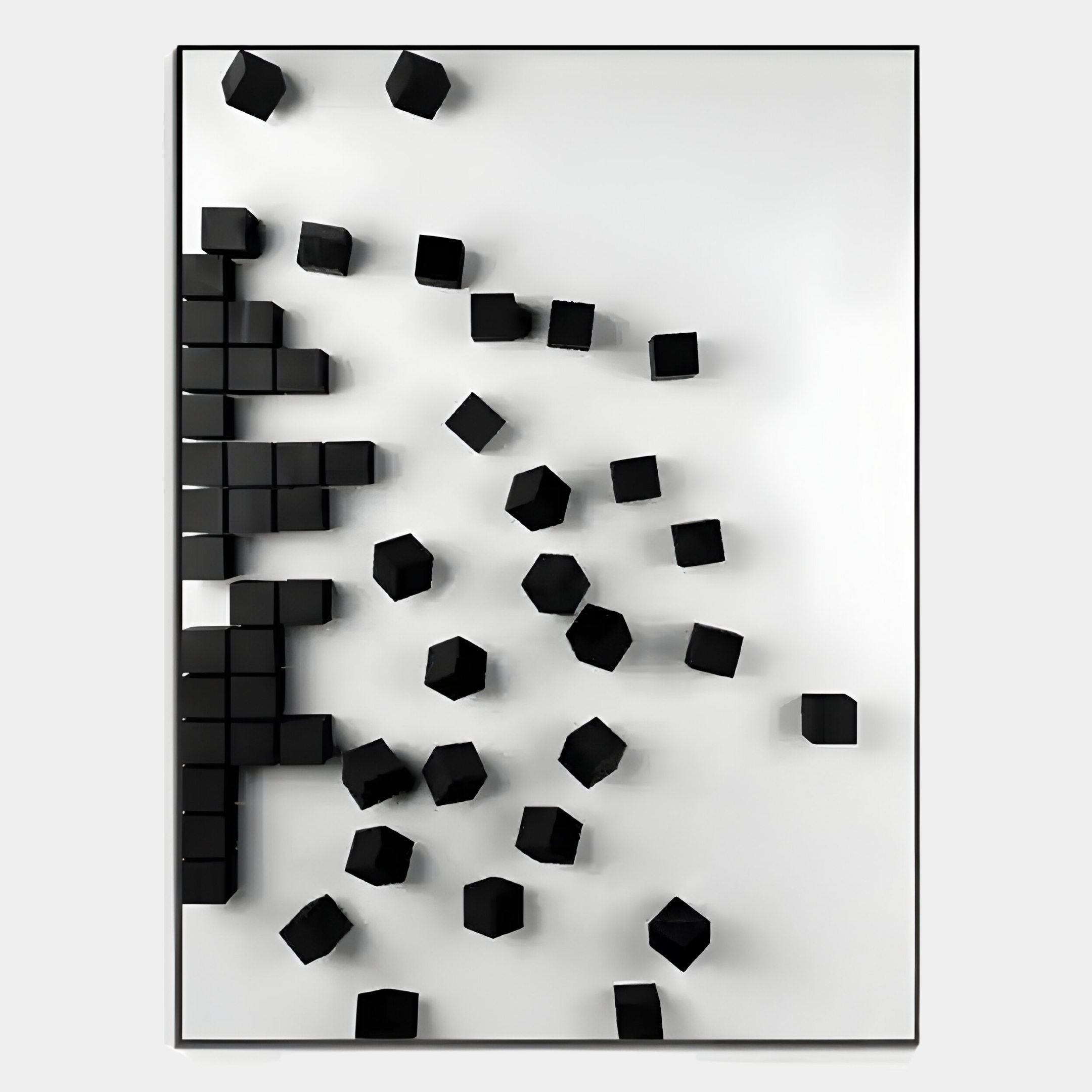 Fragmenta White Wooden Cube Scatter On White Canvas 3D Wall Art by Giant Sculptures features black cubes clustered left and dispersing right on a white background, with soft shadows adding depth for a modern minimalist touch.