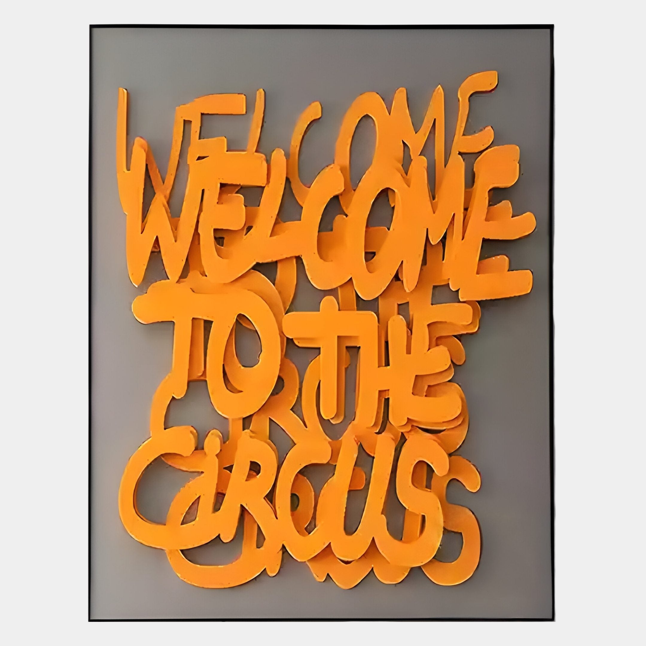 Urbanic Orange Welcome Script 3D Wooden Graffiti Wall Art by Giant Sculptures features bold, overlapping orange 3D text on a gray background, evoking graffiti style for a playful and striking visual statement.