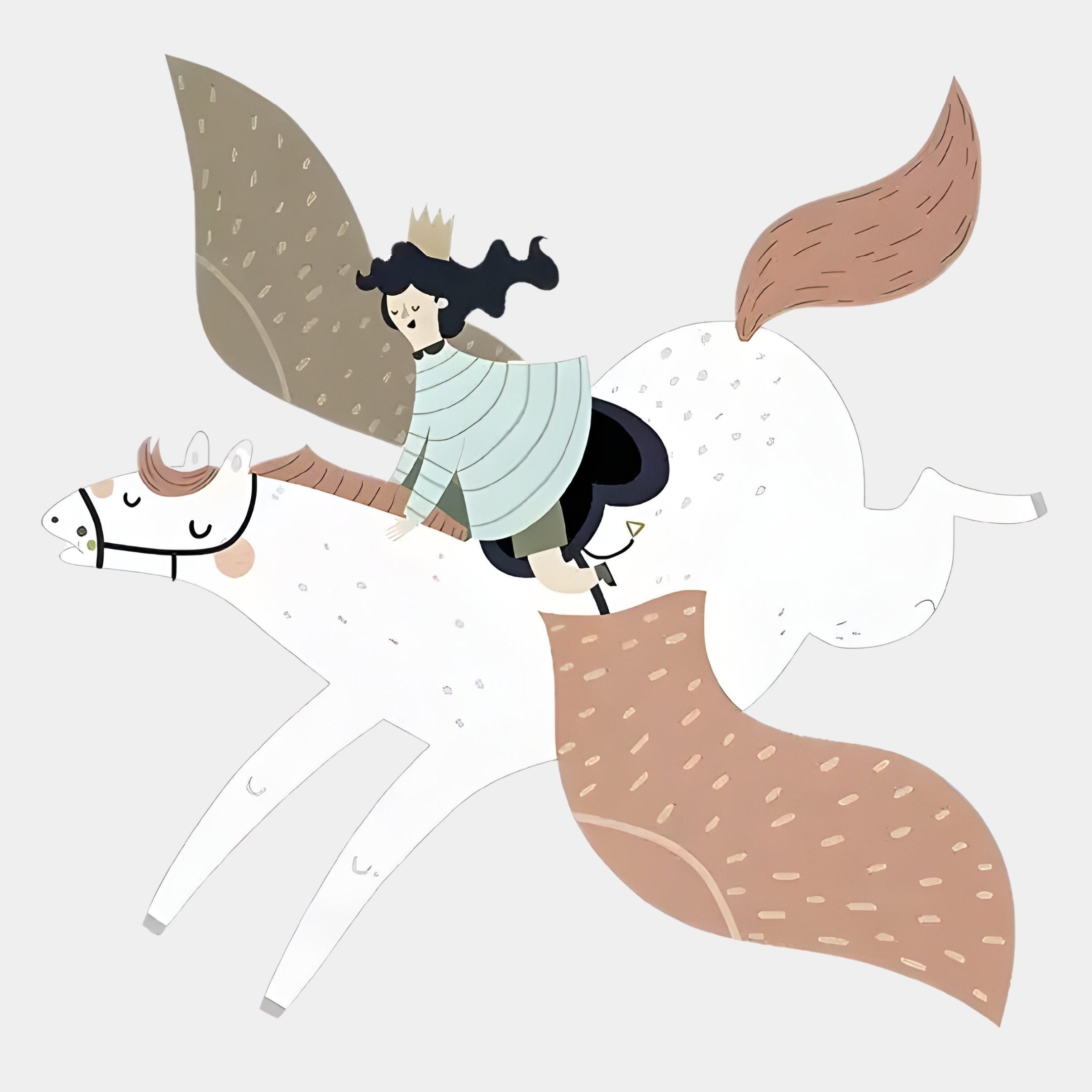 The Mythoria Journey Fairytale Horse Wooden LED Wall Art by Giant Sculptures features a crowned girl in a striped dress riding a winged horse, perfect for adding whimsical charm to kids rooms.