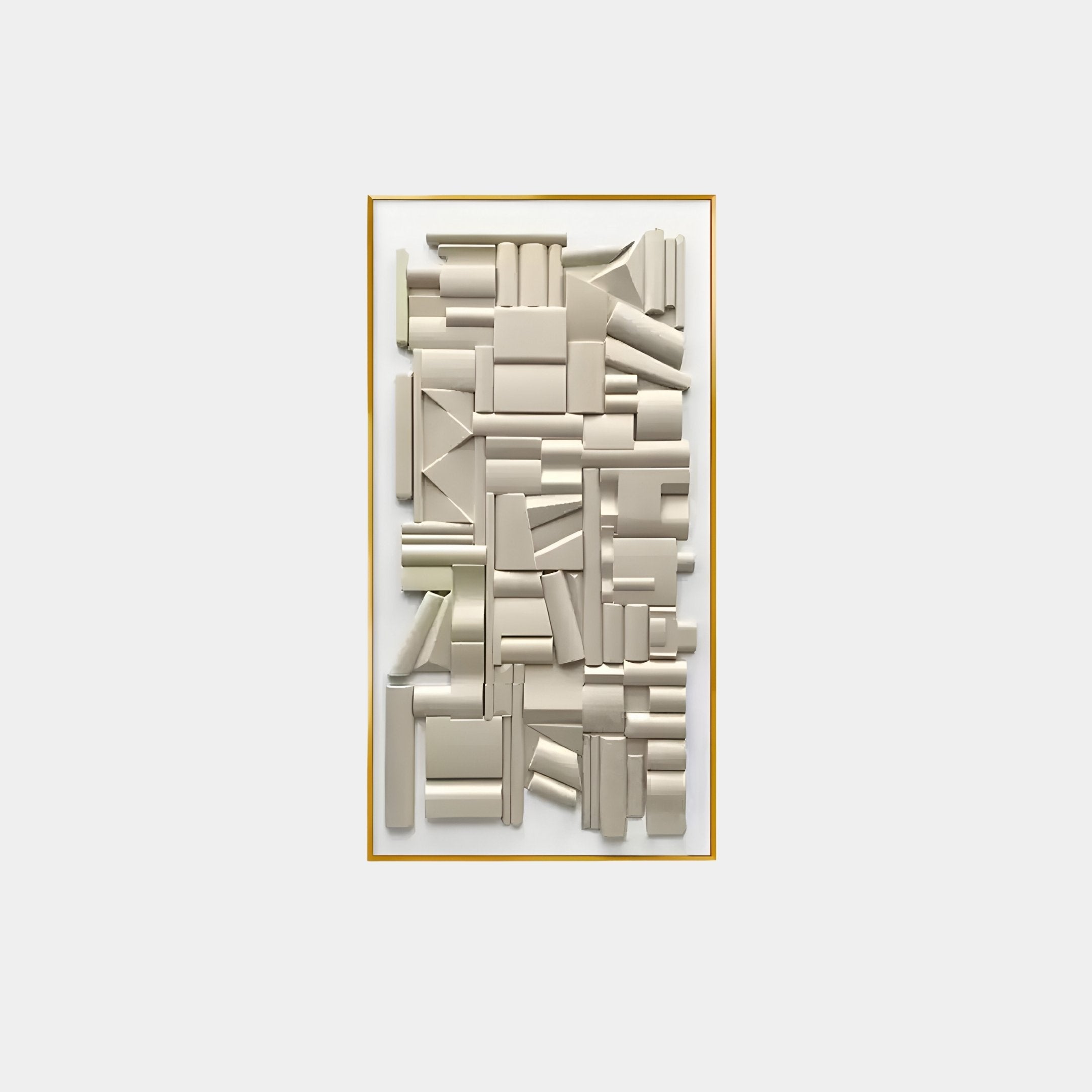 The Forma Cream Geometric 3D Wooden Vertical Wall Art by Giant Sculptures features beige rectangular and cylindrical shapes in a grid-like pattern on a light gray background, framed with a thin gold border. This minimalist design adds depth and elegance to any space.