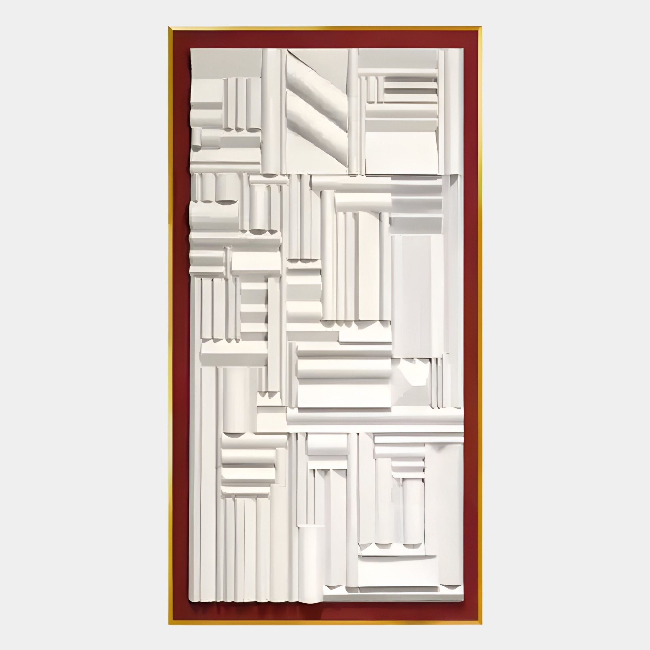 The Forma Red-Frame White Geometric 3D Wooden Vertical Wall Art by Giant Sculptures features raised white shapes in a grid-like abstract pattern, accented with a thin red border and gold outline for a modern look.