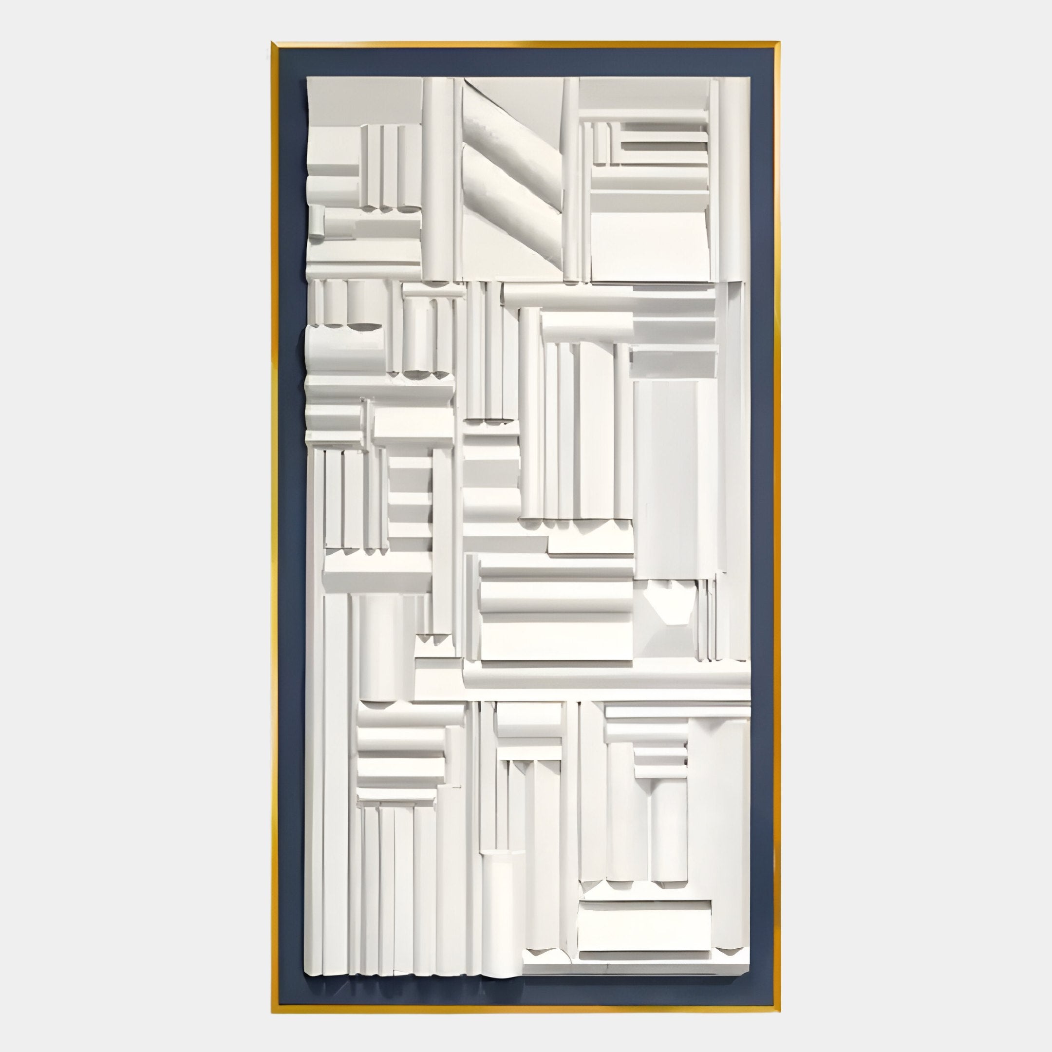 The Forma Blue Edge & White Geometric 3D Wooden Vertical Wall Art by Giant Sculptures features layered white rectangular and cylindrical shapes in a grid on a dark background, framed with a slim blue edge—ideal for modern wall decor.
