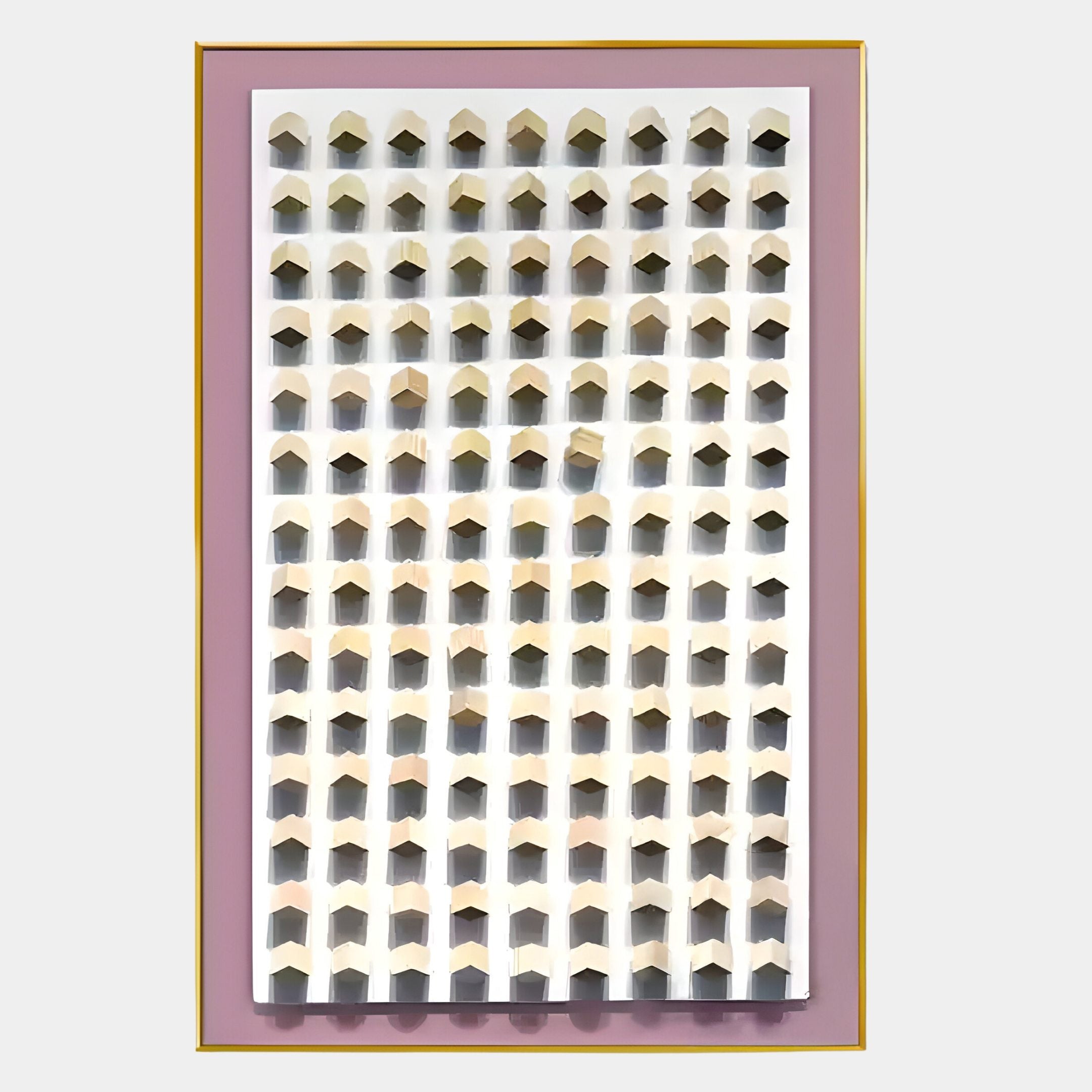 The Artiora Pink Edge & Wood Block Modular Grid 3D Wall Art by Giant Sculptures features a grid of small white house shapes on a white background, mounted on a pink panel with a yellow border, creating striking light and shadow patterns.