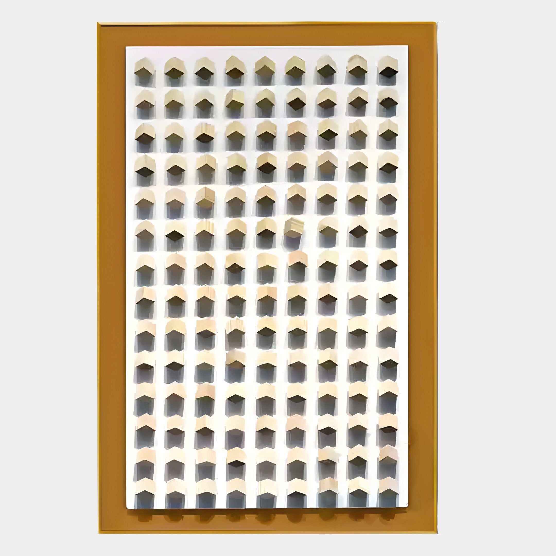 The Giant Sculptures Artiora Gold Edge & Wood Block Modular Grid 3D Wall Art features small white house-like forms in a modular layout, casting subtle shadows on a light background and framed with a mustard-yellow edge.