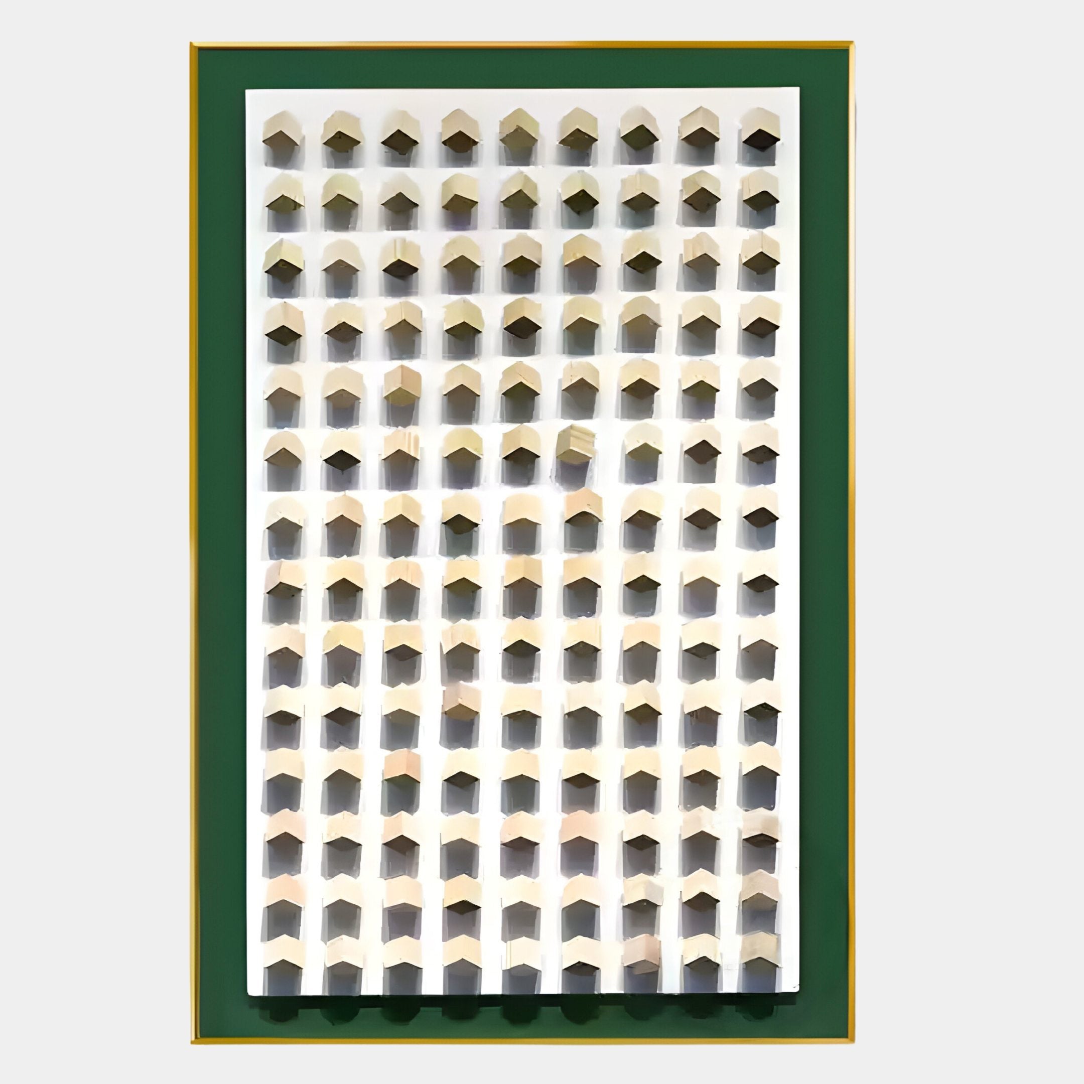 The Artiora Green Edge & Wood Block Modular Grid 3D Wall Art by Giant Sculptures features a grid of white, cube-like shapes on a green background with a slim gold border—shadows add depth, making it ideal for modern interiors.