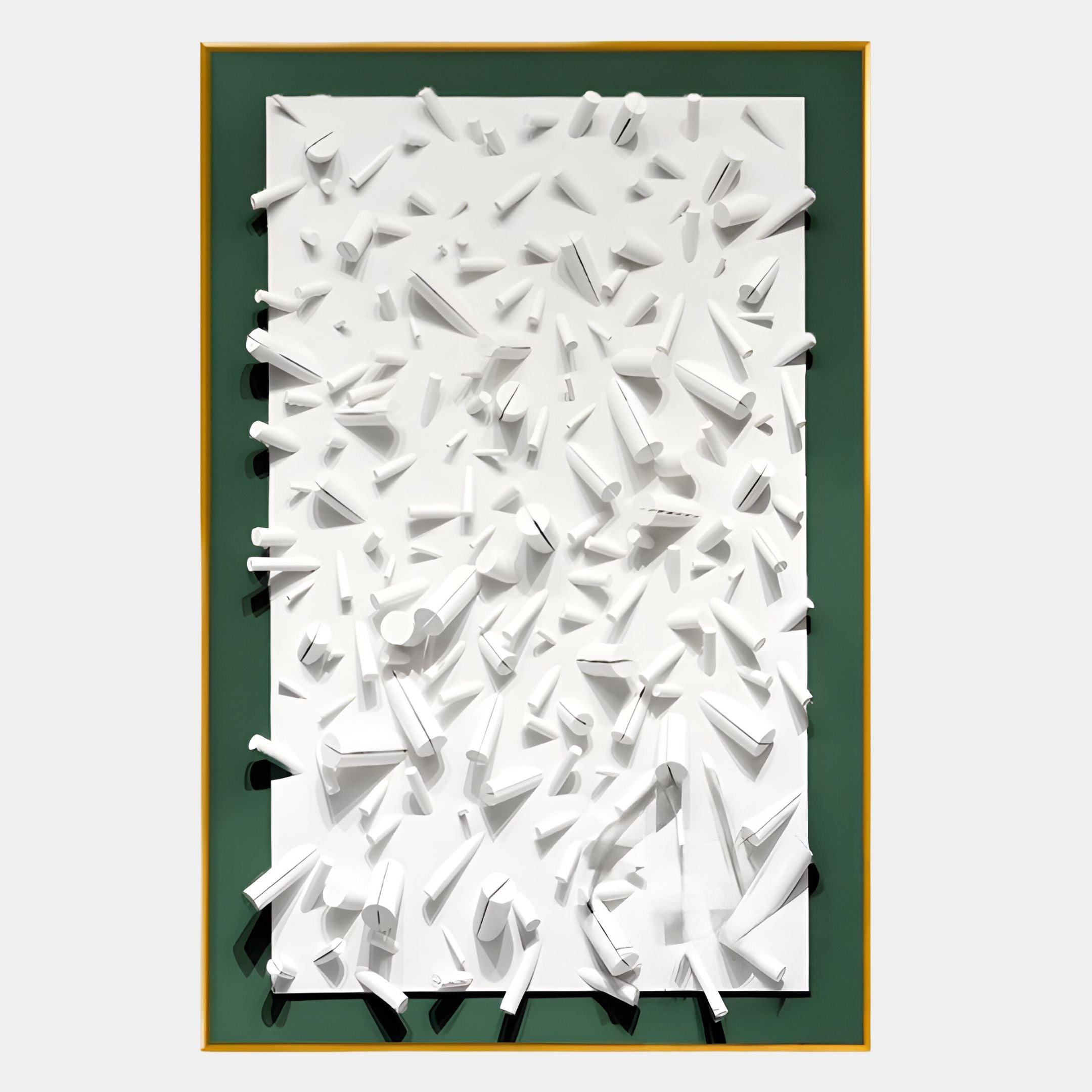 The Artiora Green Edge & White Abstract Wooden Shard 3D Wall Art by Giant Sculptures features white wooden shards protruding from a flat white surface, framed with a green edge and finished with gold trim.
