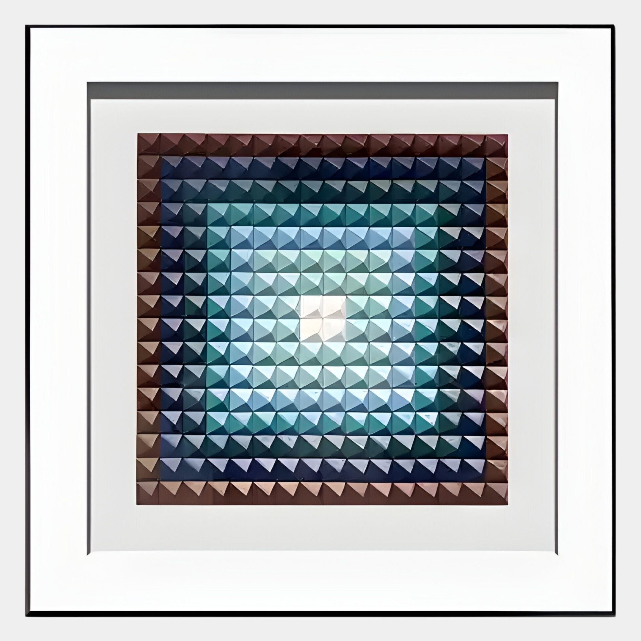 The Viretta Teal Gradient Pyramid Textured 3D Wooden Wall Art by Giant Sculptures features a framed square grid of small, pyramid shapes. Its modern design displays colors fading from brown edges to blue and white center for striking interior decor.