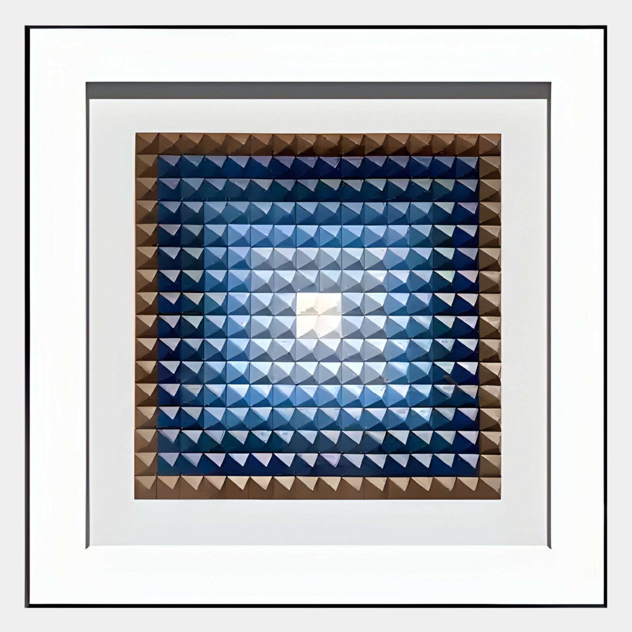 The Viretta Blue Gradient Pyramid Textured 3D Wooden Wall Art by Giant Sculptures features a grid of raised wooden shapes with colors fading from dark brown at the edges to blue and white at the center for a modern, sophisticated look.