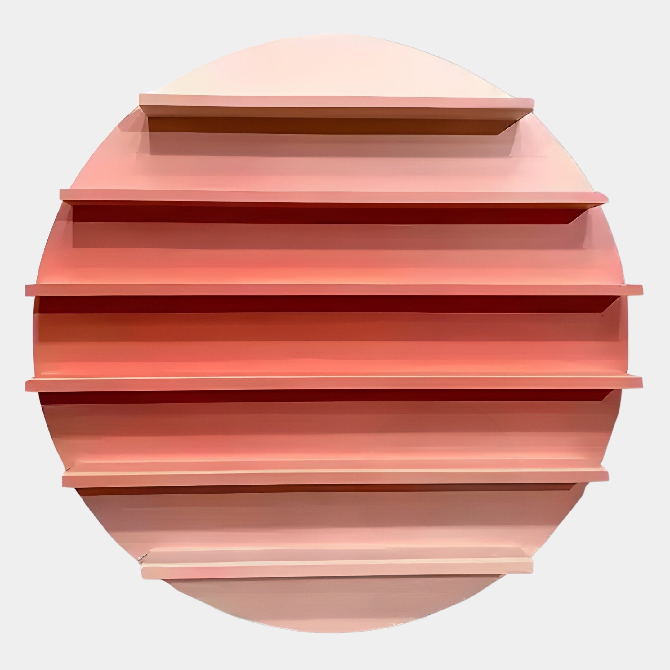 The Orbis Pink Circular Multi-Tier Decorative Shelf by Giant Sculptures features five gradient wooden shelves evenly spaced across a round back panel, showcasing a soft pink finish—perfect for stylish display against any light background.