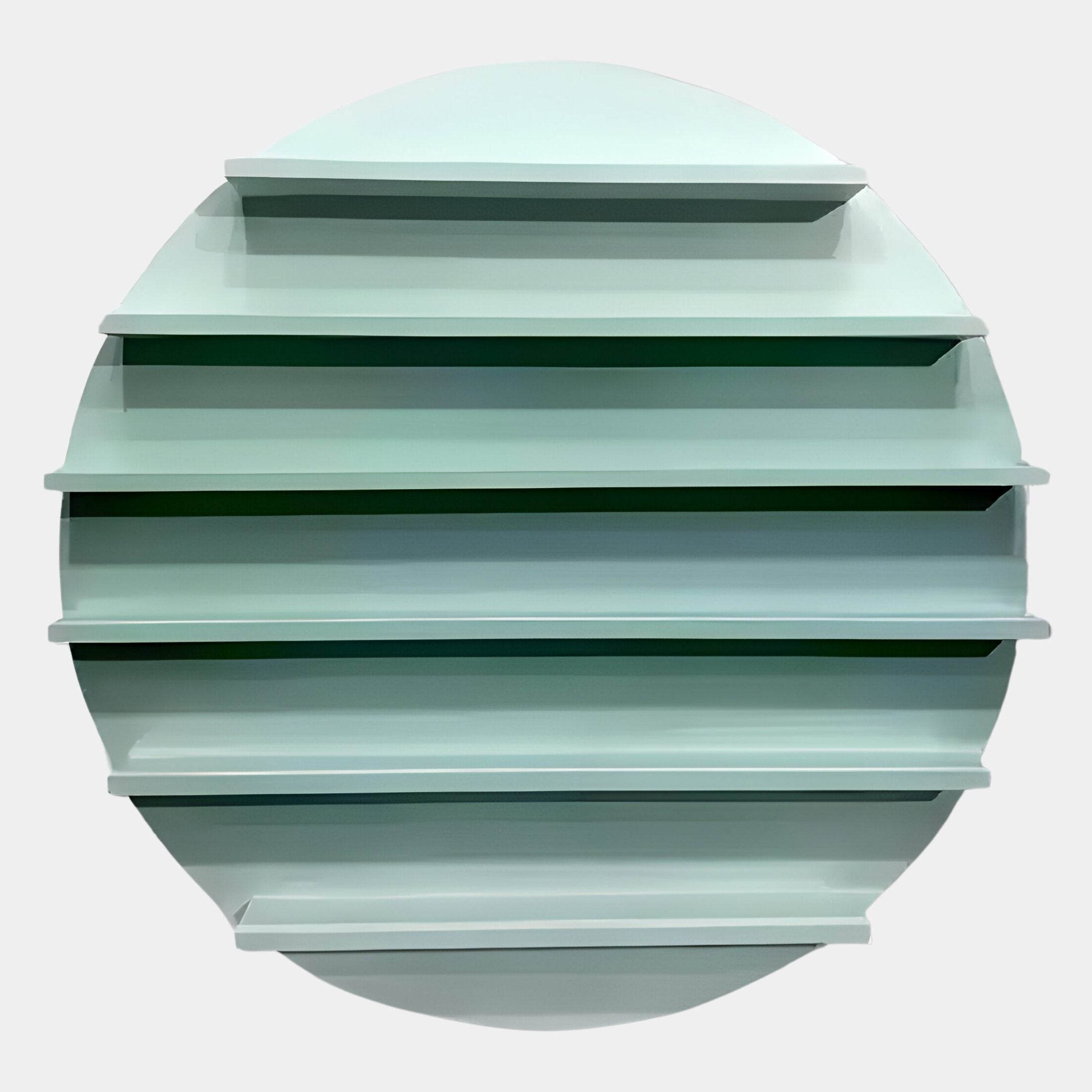 The Orbis Mint Circular Multi-Tier Decorative Shelf by Giant Sculptures features five evenly spaced shelves, a minimalist design, and a light pastel green glossy matte finish.