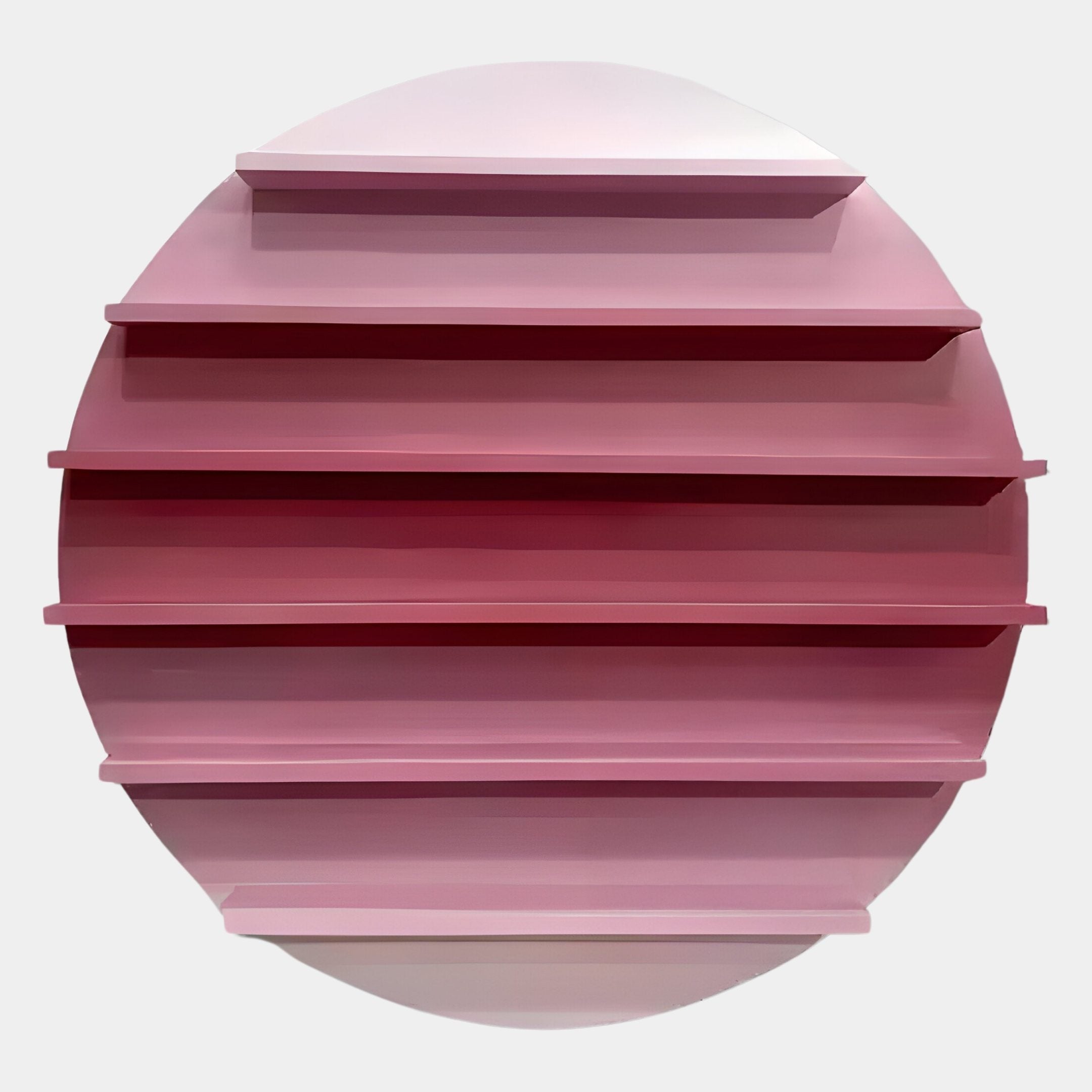 The Orbis Rose Pink Circular Multi-Tier Decorative Shelf by Giant Sculptures features five evenly spaced shelves on a rose pink circular backdrop, designed for wall mounting and displayed against a plain light gray background.