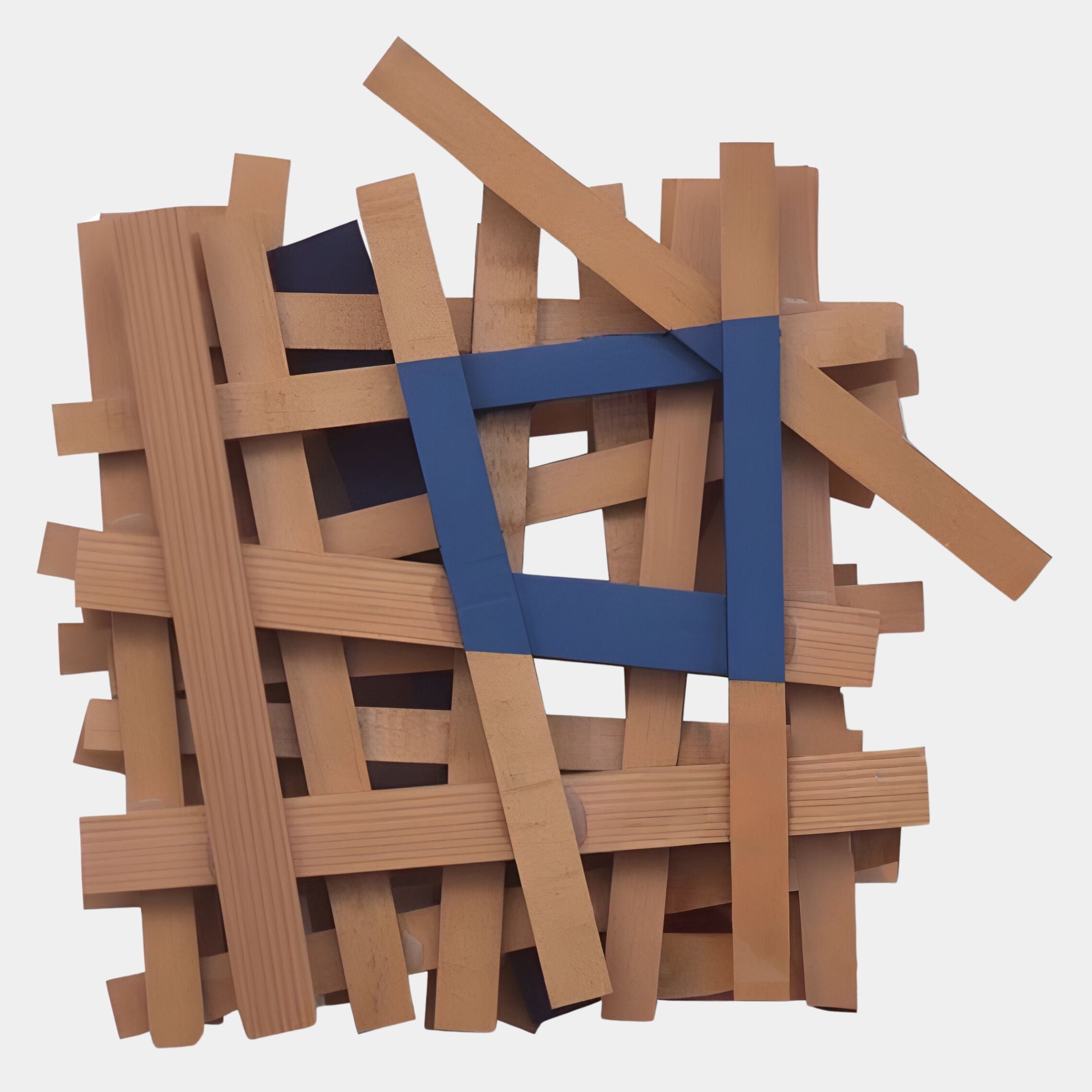 The Lignos Blue Accent Layered Wooden Strips 3D Wall Art by Giant Sculptures features interwoven wooden strips with blue accents in a modern, irregular crisscross pattern on a white background.