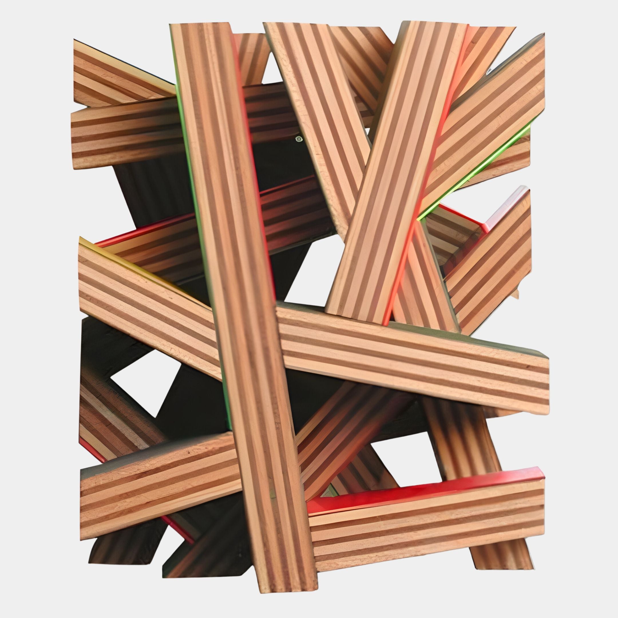 The Lignos Multicolour Highlights Layered Wooden Strips 3D Wall Art by Giant Sculptures features crisscrossed wooden strips with striped patterns and multicolour highlights, creating an interlocking, sculptural look against a white background.
