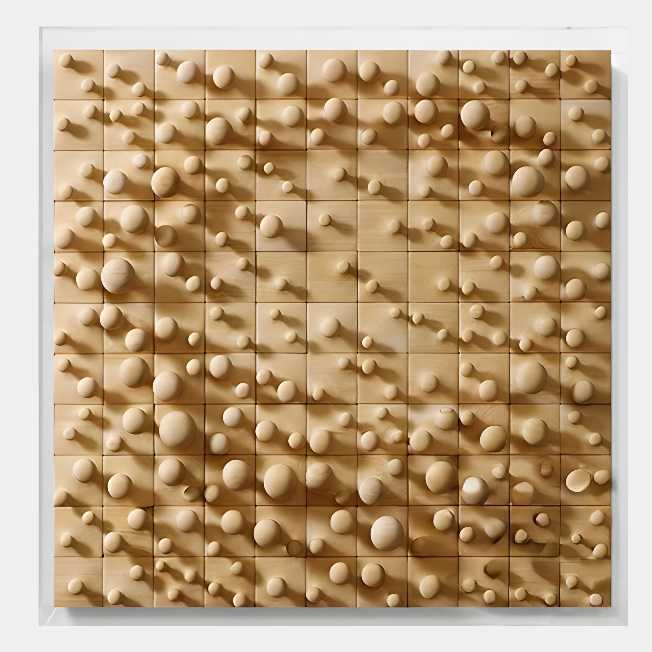 The Orbila Wooden Spheres Dynamic 3D Wall Art In Acrylic Box by Giant Sculptures features a grid of wooden blocks with various-sized spheres and round details, creating unique textured wall art for modern spaces.