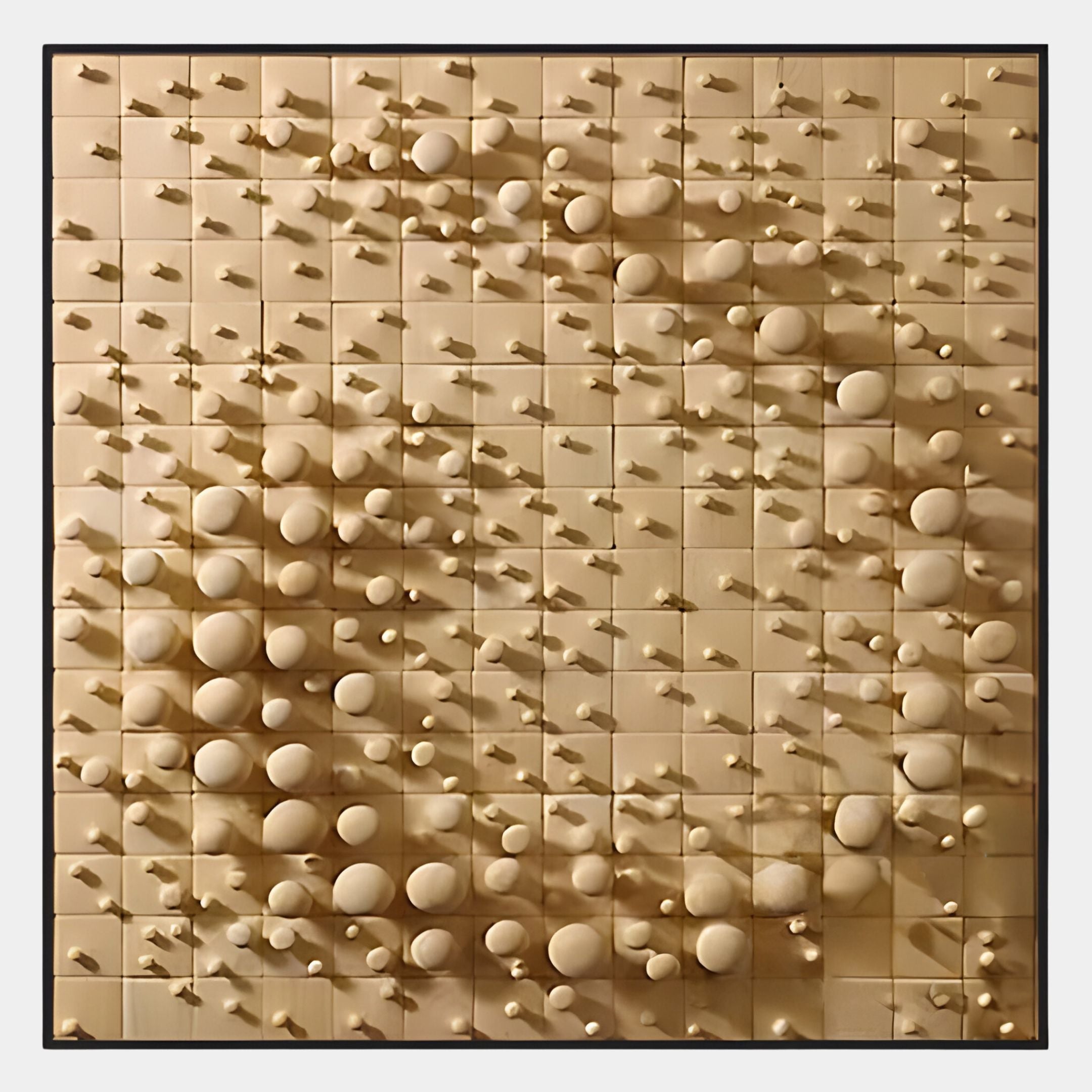 The Orbila Circular Flow Wooden Spheres 3D Wall Art With Frame by Giant Sculptures features a grid of beige tiles accented with wooden spheres and pegs of varying sizes and lengths, forming an abstract, textured, three-dimensional pattern.