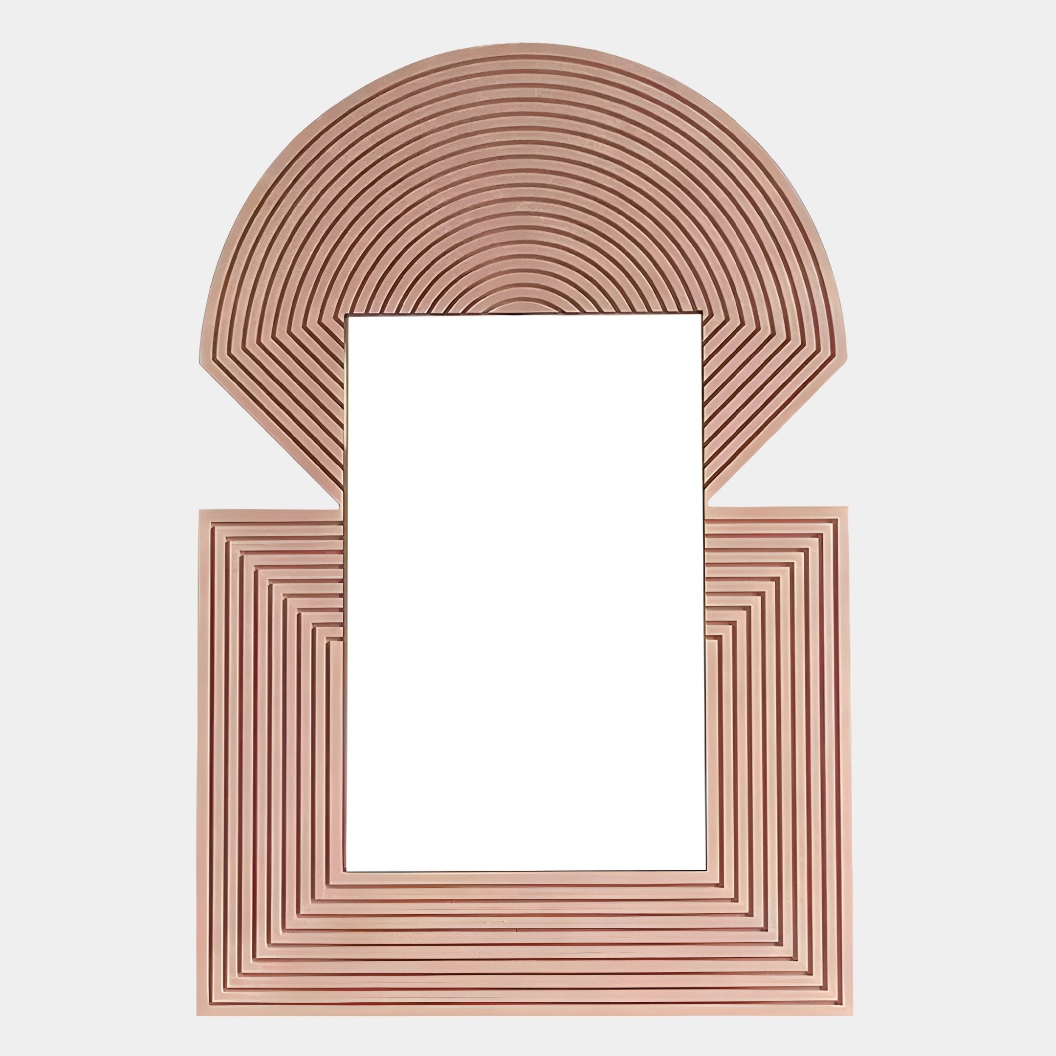 The Aurellis Pink Arch & Square Geometric Mirror Frame Wall Art by Giant Sculptures features a semicircular top and square bottom with rose-gold concentric lines, making it an ideal modern wall art piece for contemporary interiors.
