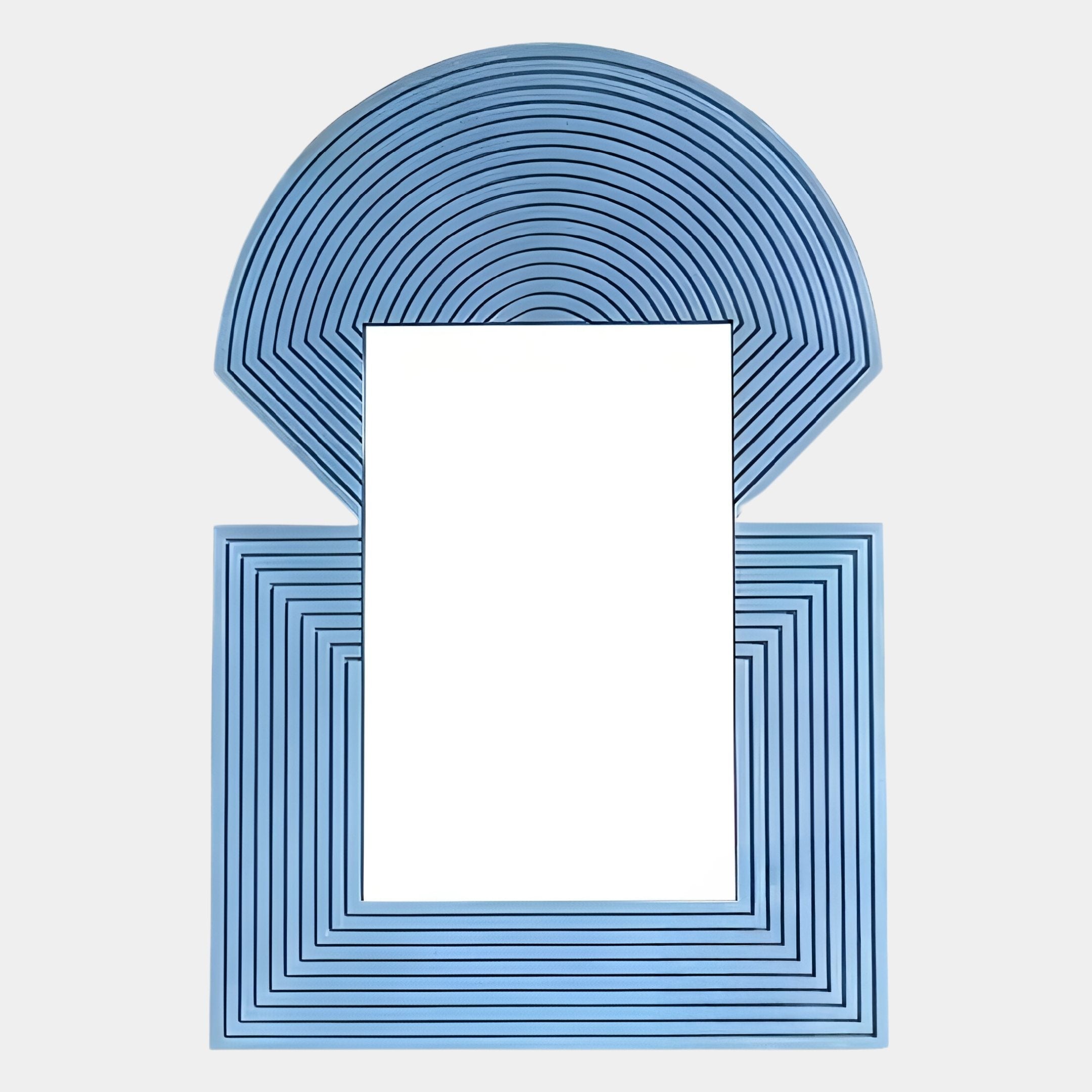 The Aurellis Blue Arch & Square Geometric Mirror Frame Wall Art by Giant Sculptures features an abstract frame with concentric semicircles and squares, adding a modern, stylish accent to plain light walls.