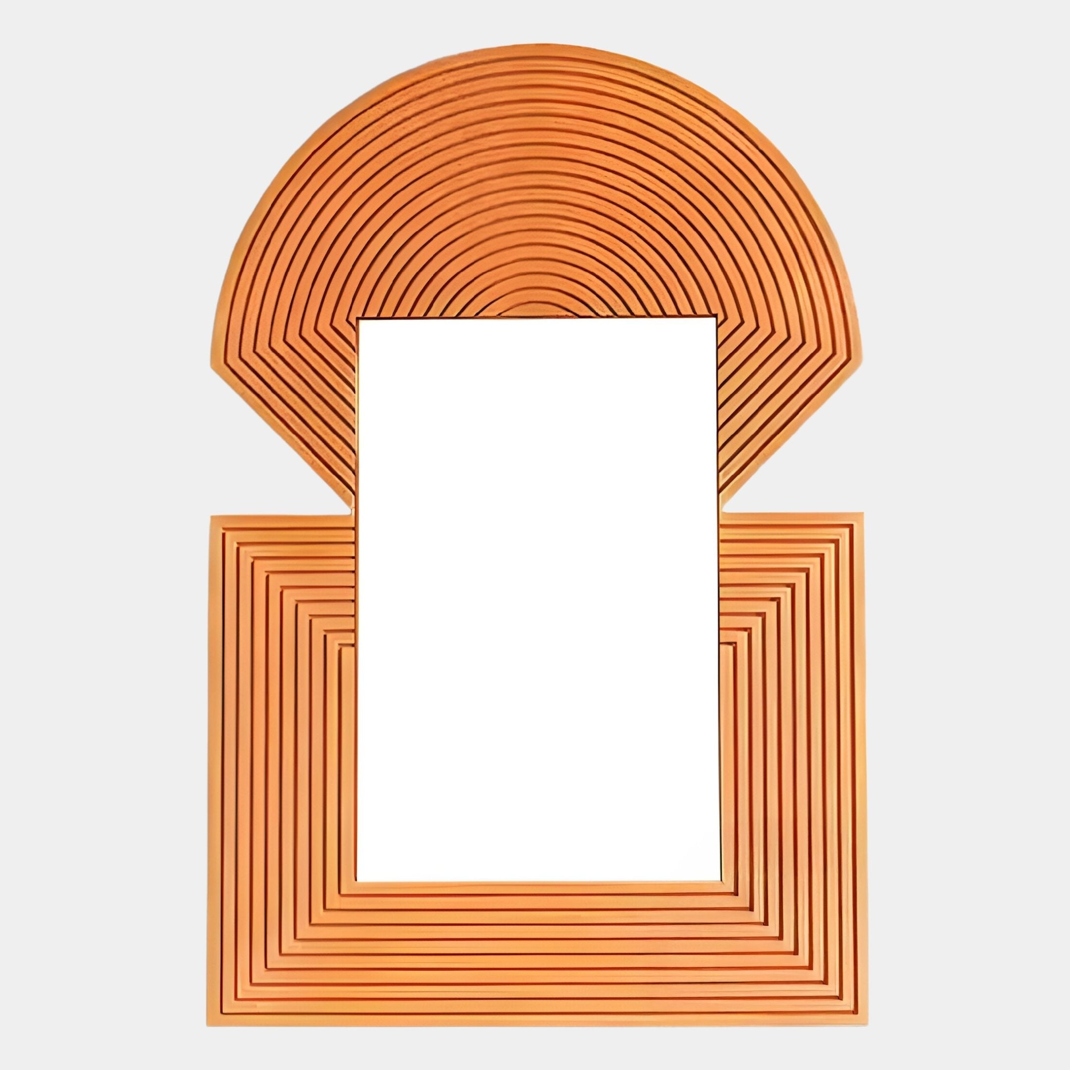 The Aurellis Terracotta Arch & Square Geometric Mirror Frame Wall Art by Giant Sculptures features concentric orange lines forming a rectangular base and semicircular top, elegantly framing a central white rectangle.