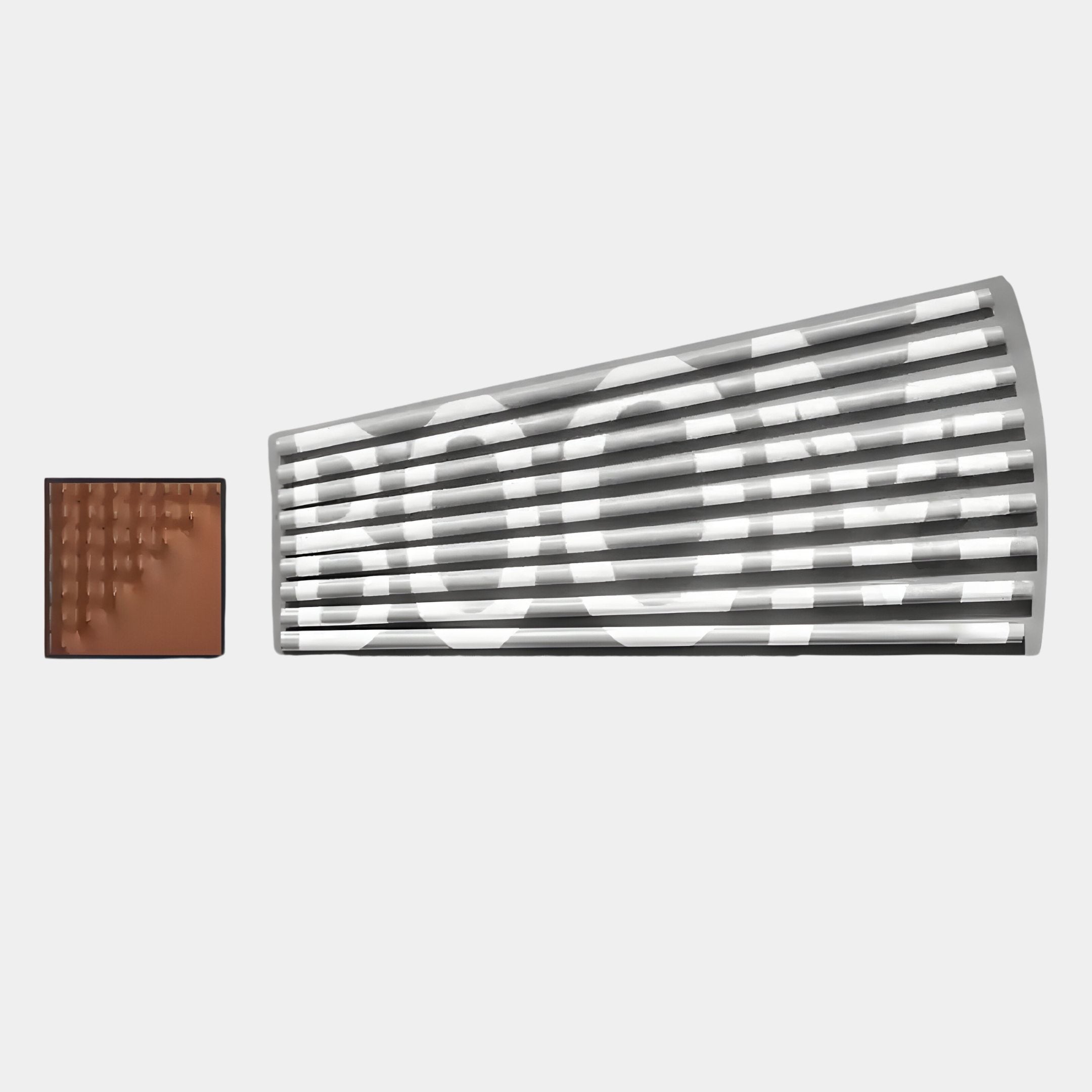 The Illustra Bronze Highlight BOOM Text 3D Wooden Wall Art by Giant Sculptures, featuring raised details and white “BOOM” typography, sits beside a large gray megaphone-shaped object against a plain white background.