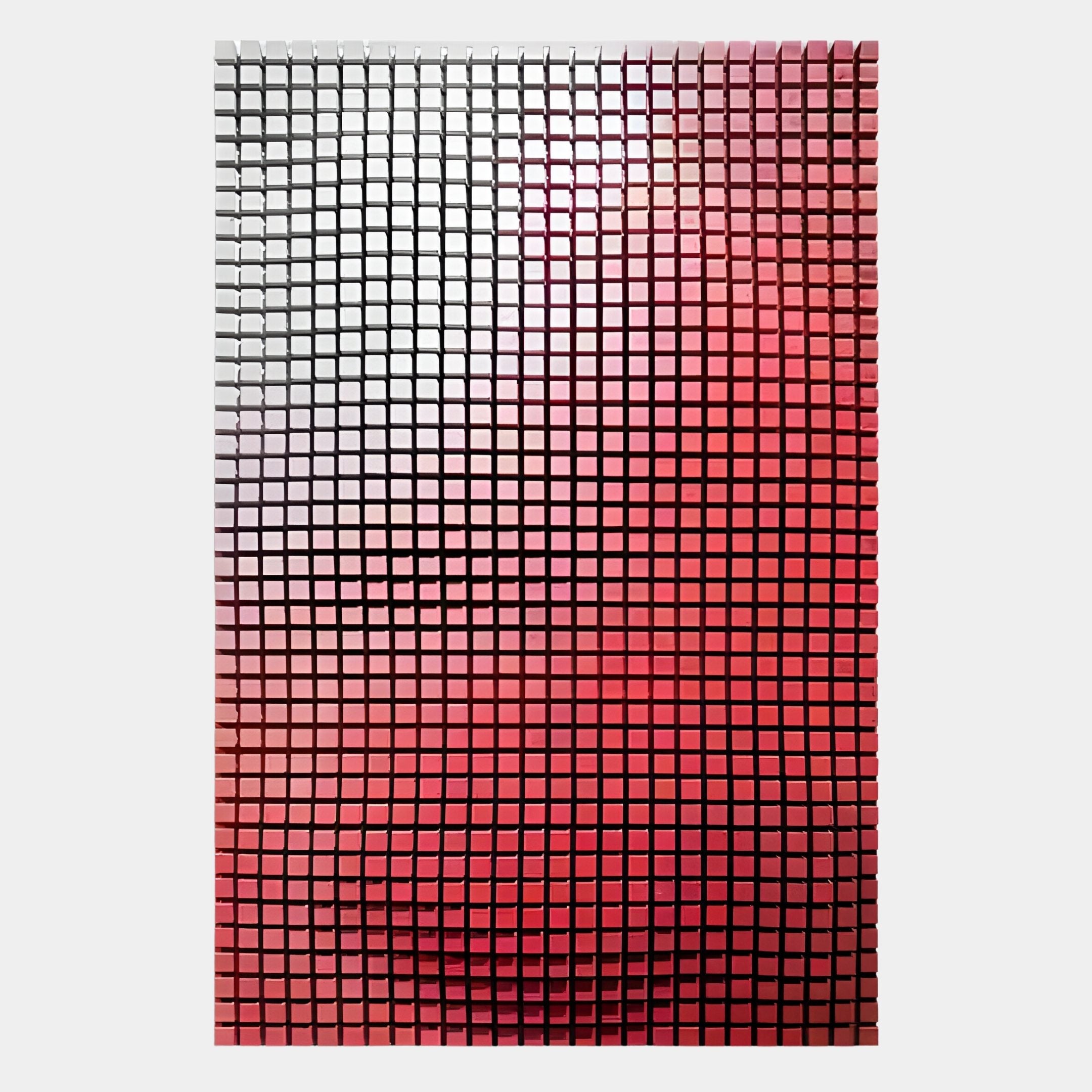 The Reflexion Ruby Red Cube Mosaic 3D Wooden Wall Art by Giant Sculptures features small, square tiles in a gradient from white to deep red, with reflected light and shadow adding subtle abstract depth to the design.