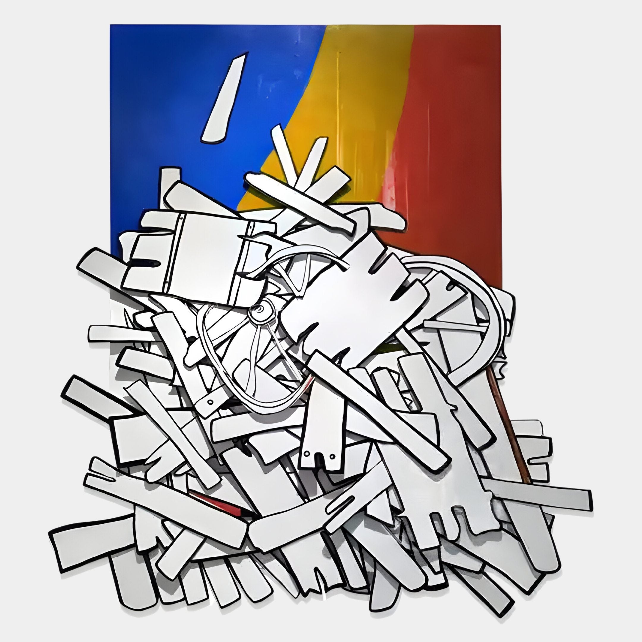 The Assemblia Multicoloured Hand-Painted Wood Graffiti Wall Art by Giant Sculptures features outlined, white wooden planks and wheels set against blue, yellow, and red for bold, sculptural style with 3D graffiti flair.