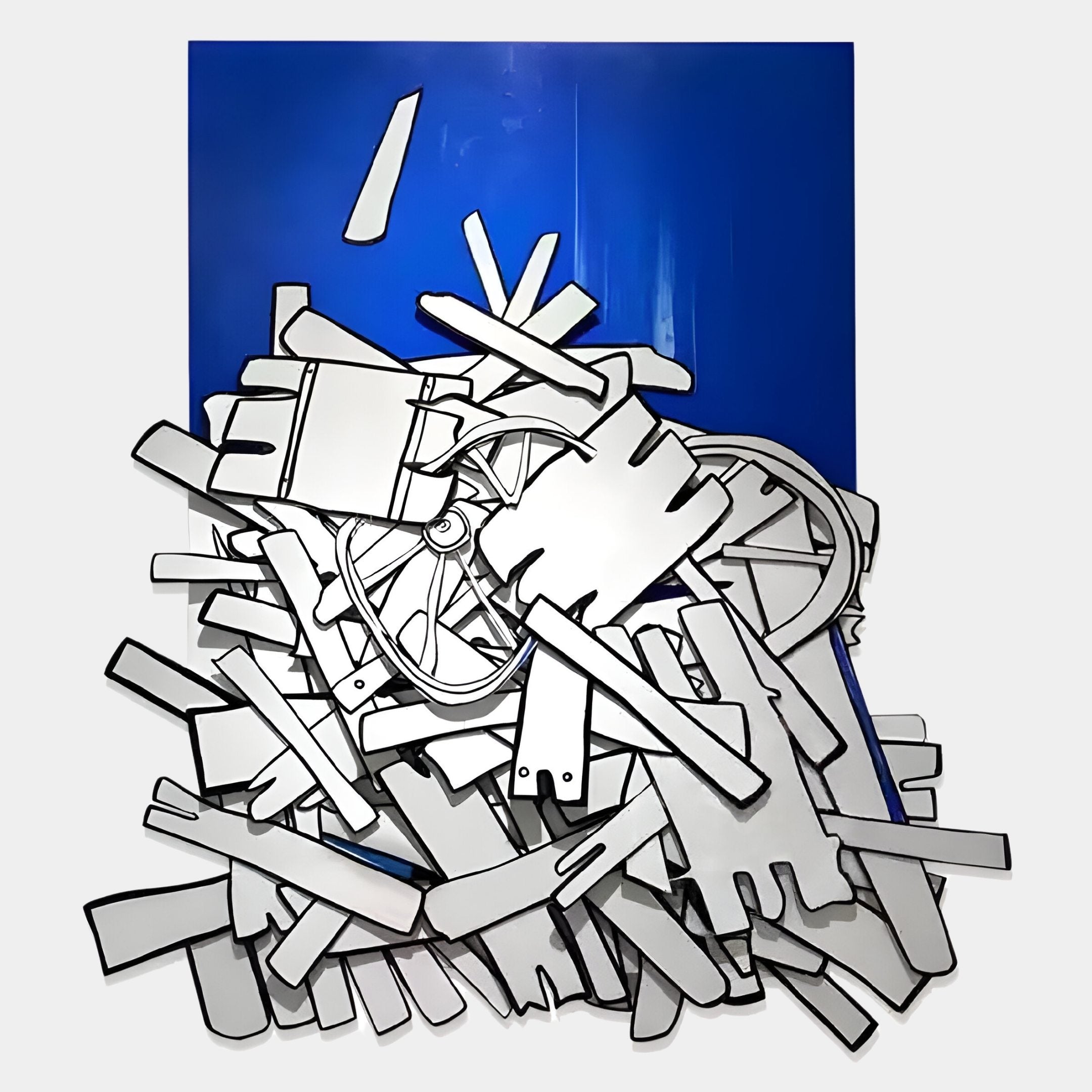 The Assemblia Blue Hand-Painted Wood Graffiti Wall Art by Giant Sculptures features abstract outlines of white wood planks and wheels on a bold blue background—an eye-catching piece ideal for modern spaces.