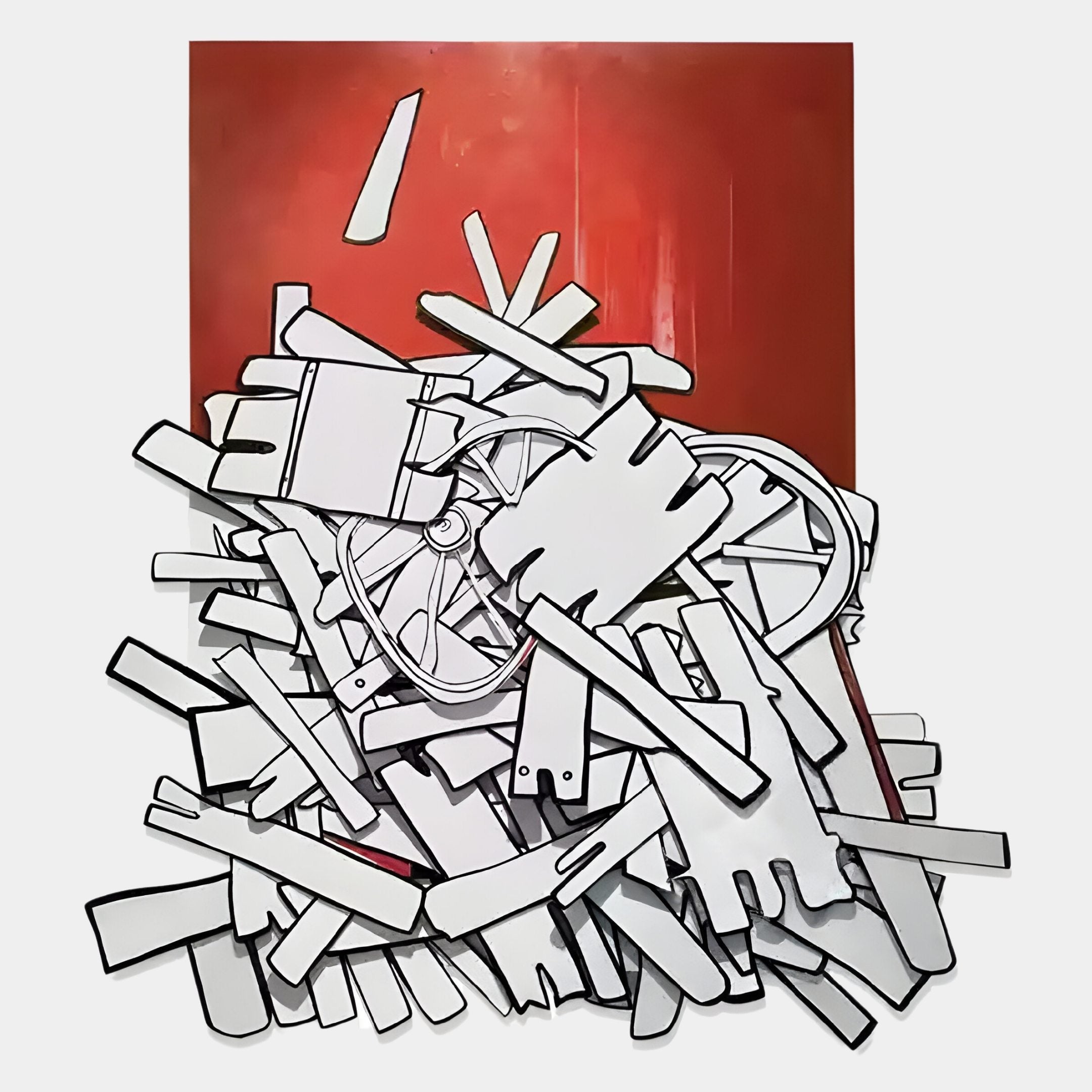A stack of white, cartoon-style cutout shapes, like broken planks and wagon wheels, sits before the Assemblia Red Hand-Painted Wood Graffiti Wall Art by Giant Sculptures.