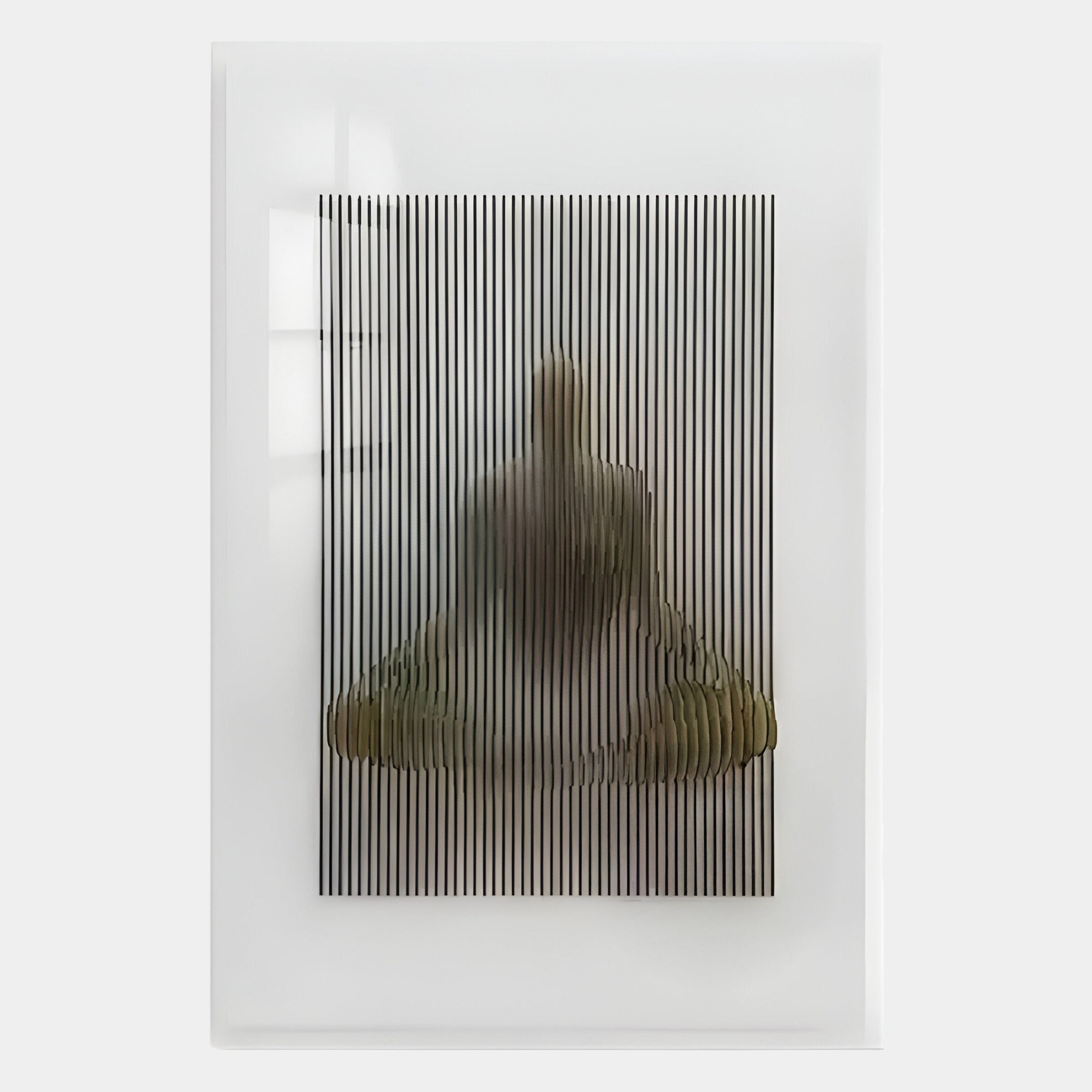 The Illusive Meditative Pose Wood Carving 3D Wall Art by Giant Sculptures features a blurred figure seated in meditation, seen through vertical black lines on a translucent background for a striking abstract effect.