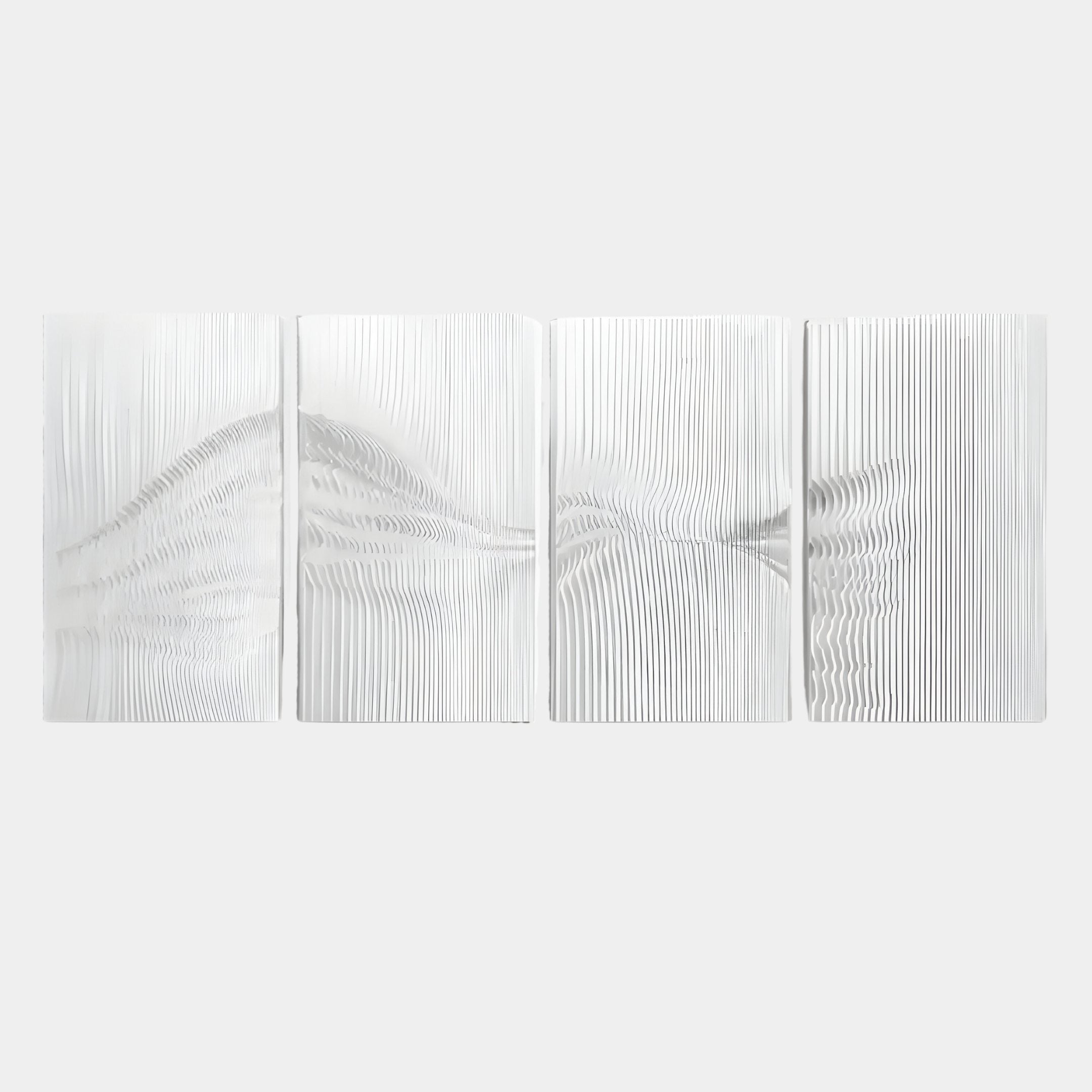 The Harmonic Forms 4-Panel White Wood Carving 3D Wall Art by Giant Sculptures features four white panels with vertical textured lines, forming a minimalist abstract wavy pattern across a light gray background.