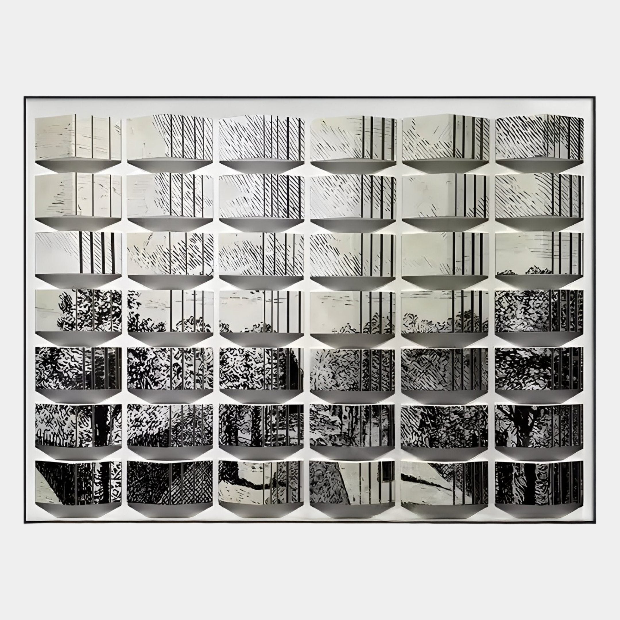 The Giant Sculptures Muraluxe Monochrome Landscape Curved Mosaic 3D Wooden Wall Art features rows of rectangular panels with black-and-white linear patterns, forming a fragmented forest landscape scene.