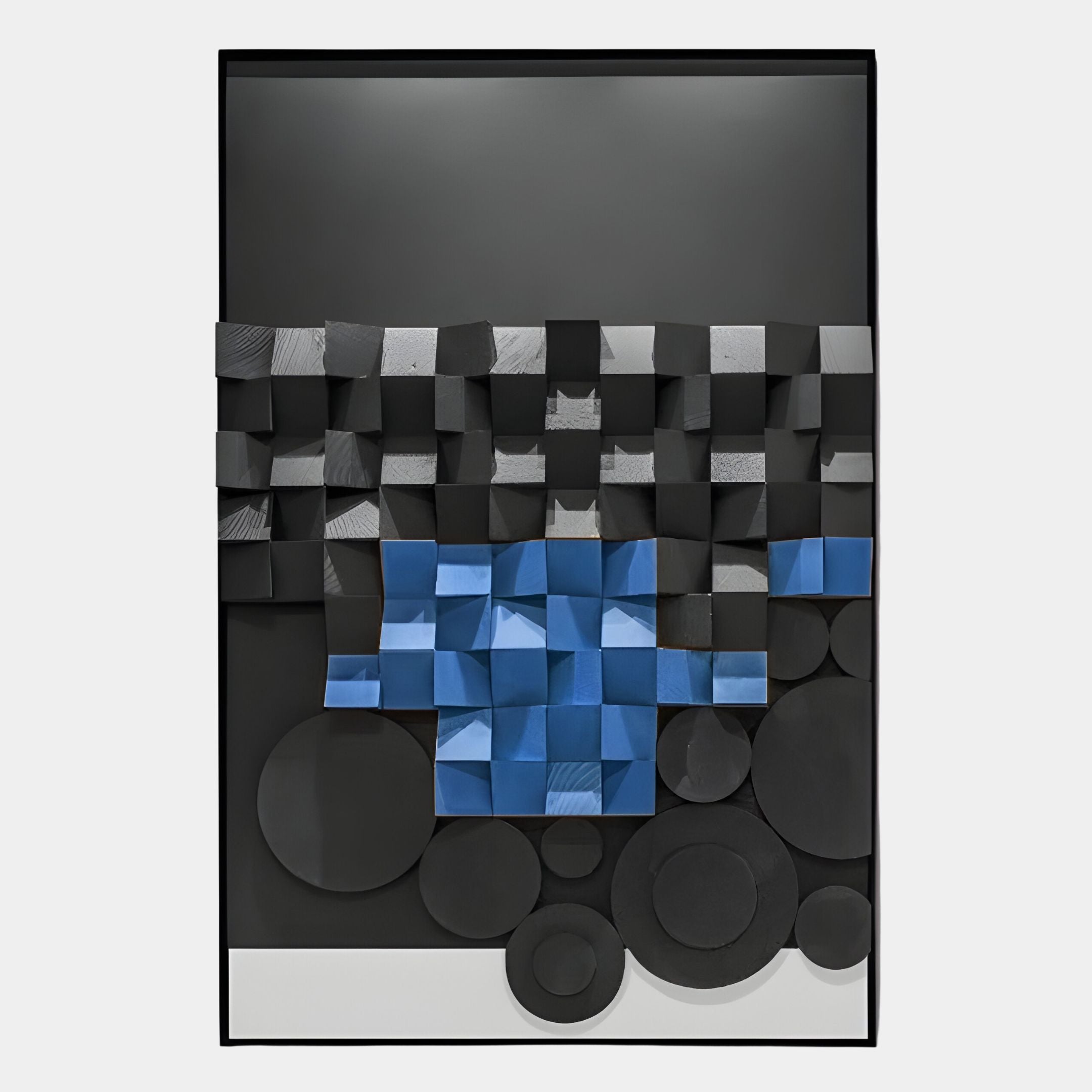 The Obscura Black & Blue Geometric 3D Wooden Wall Art by Giant Sculptures features raised black and blue cubes with black circles on a dark background—an ideal choice for modern sophistication in contemporary spaces.