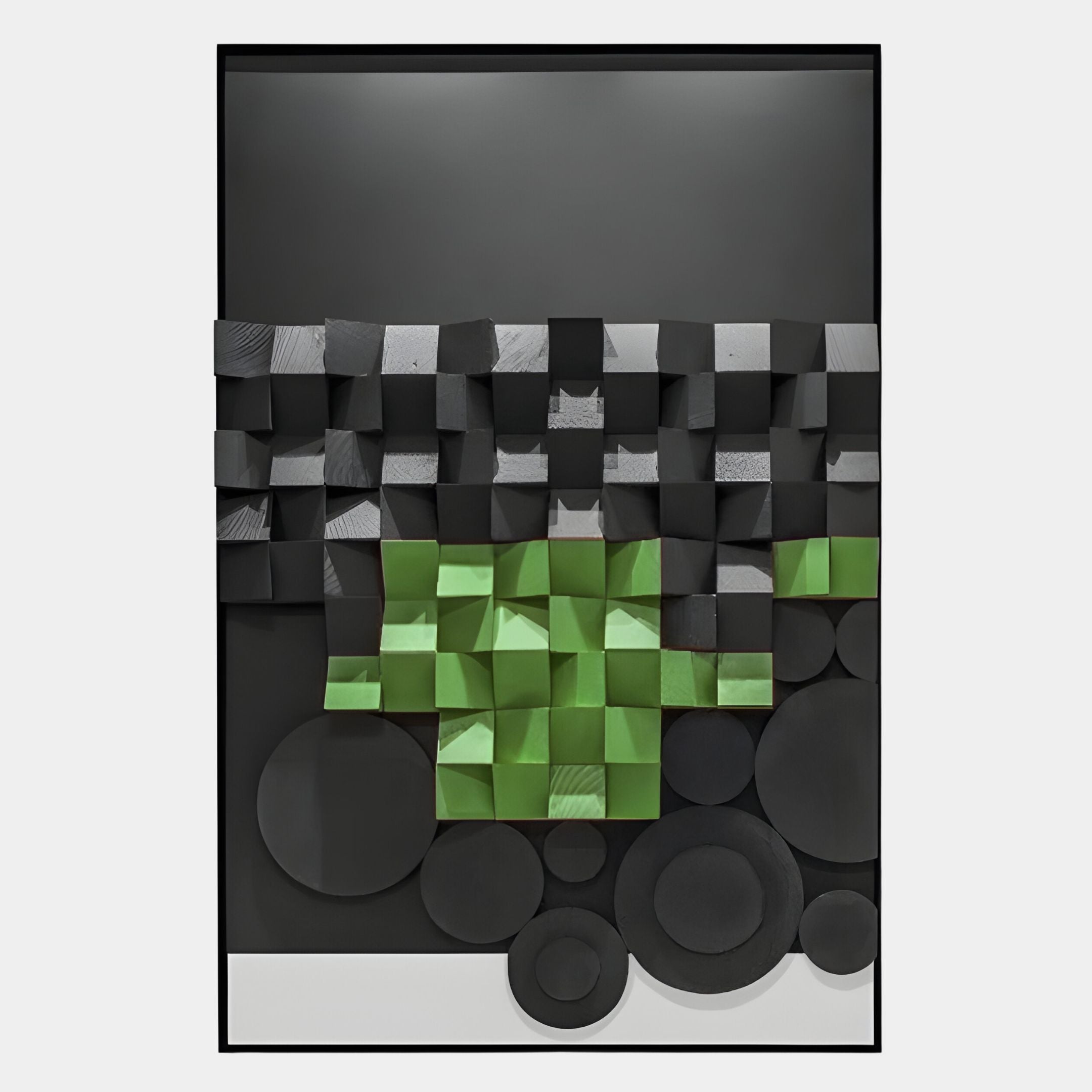The Obscura Black & Green Geometric 3D Wooden Wall Art from Giant Sculptures features raised black and green blocks above overlapping black circles on a dark background—an ideal modern accent.