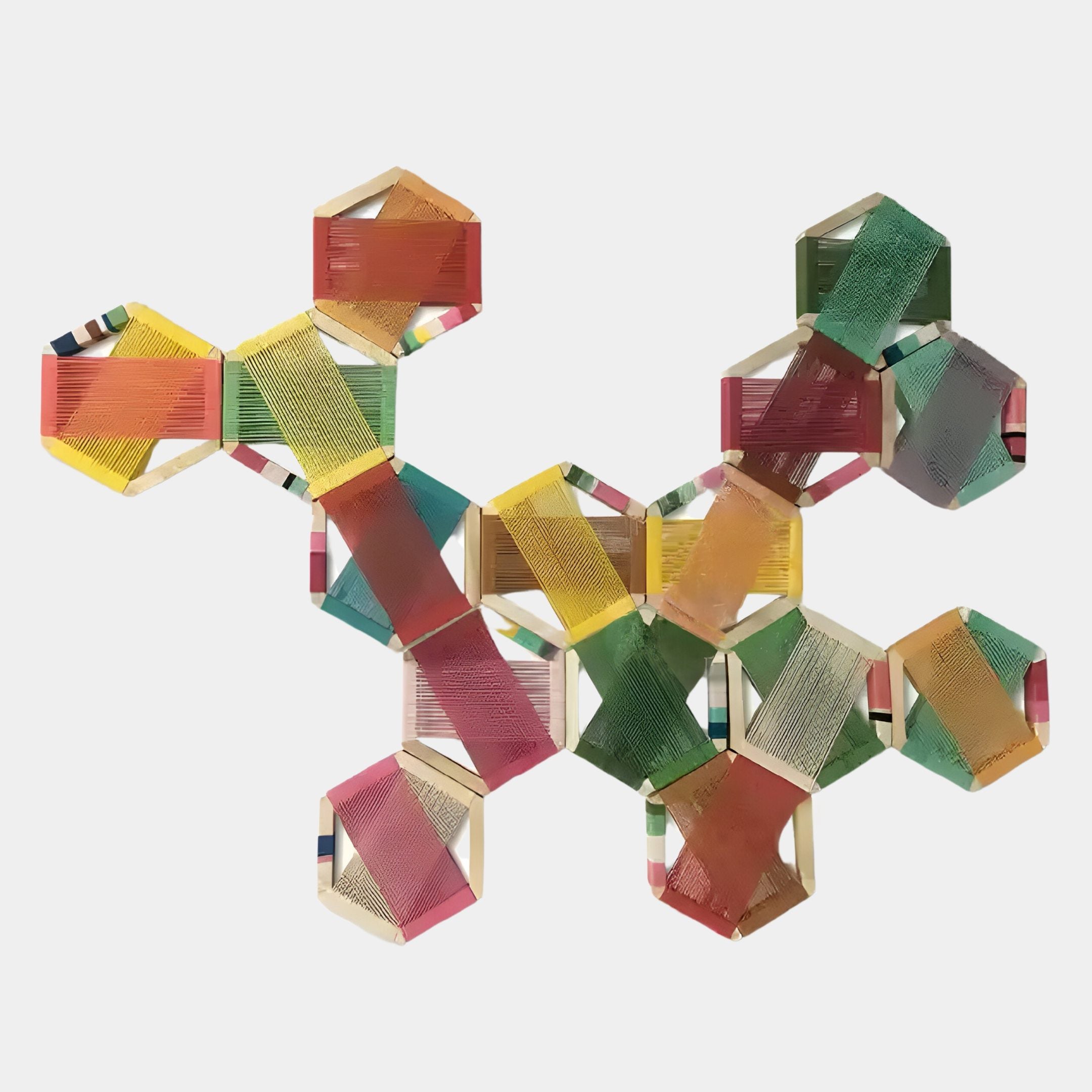 The Spectra III Multicoloured Interwoven Hexagonal Frame 3D Wall Art by Giant Sculptures features a handcrafted geometric sculpture with translucent pentagons and hexagons, accented by printed text strips—ideal for unique decor.