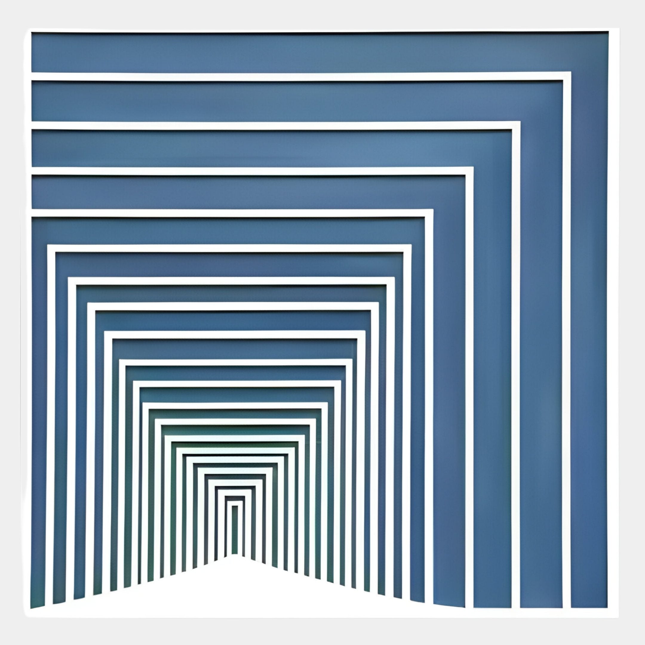 The Prismalux Blue Wood Carving Hand-Painted 3D Wall Art by Giant Sculptures features abstract geometric frames in blue and white, creating a striking tunnel illusion with a subtle curve at the base.