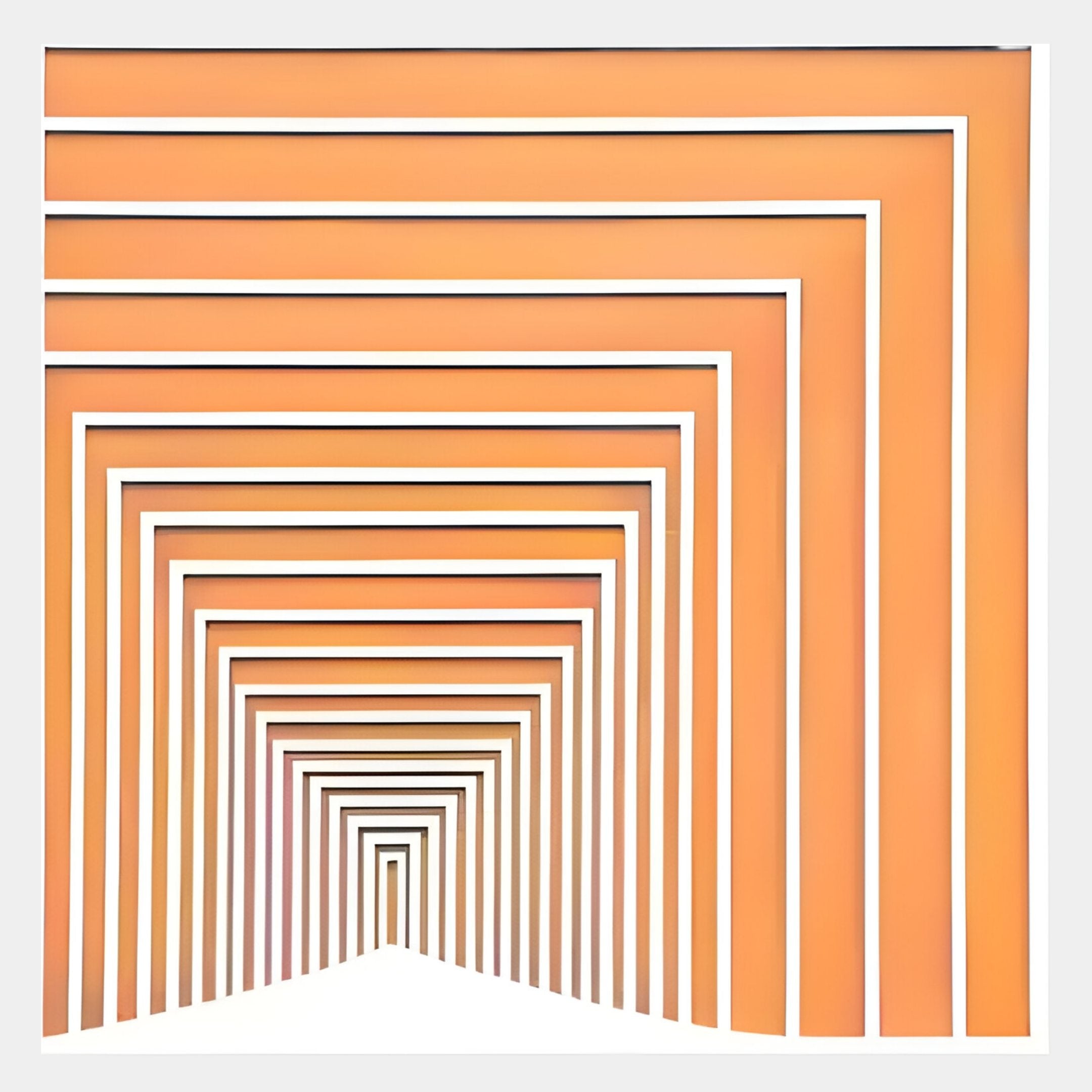 The Prismalux Orange Wood Carving Hand-Painted 3D Wall Art by Giant Sculptures features hand-painted concentric orange and white rectangles that create a tunnel-like optical illusion with geometric layering.
