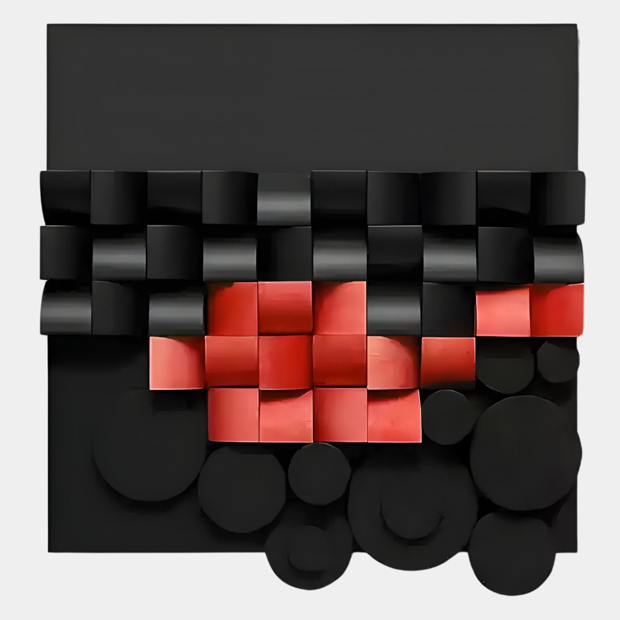 The Nocturna Black & Red Modular Wooden Hand-Painted 3D Wall Art by Giant Sculptures features dimensional cubes and circles on a square background, with bold red cubes forming a striking horizontal cluster near the center.