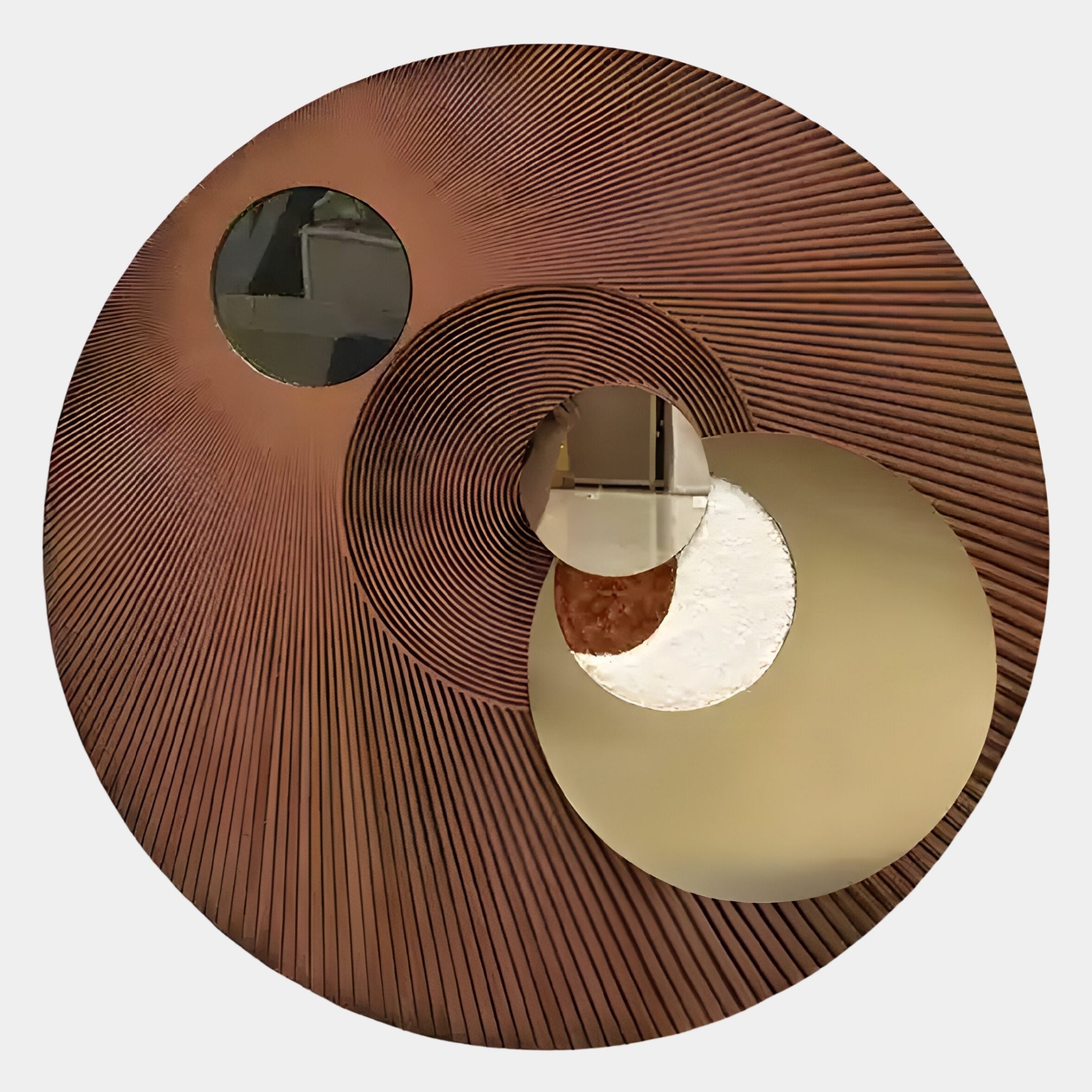 The Orbitra Copper Reflective Circular 3D Wall Art by Giant Sculptures features three round mirrors with a brown, textured surface, blending modern design with striking geometric depth as both mirror and wall art.