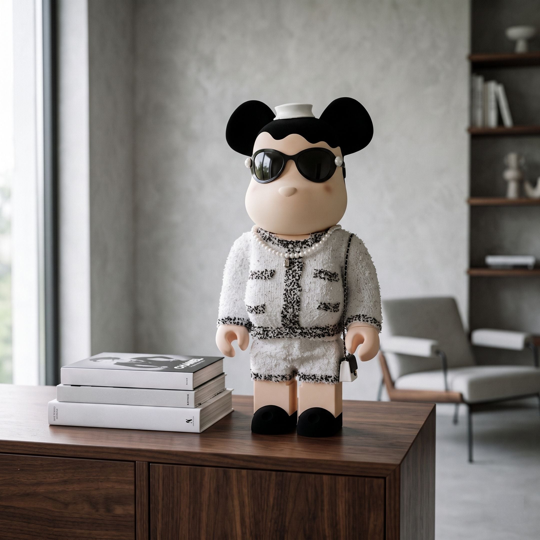 White Couture Bear Sculpture, 70cm, with bouclé jacket, sunglasses, and pearls, displayed on a wooden console beside stacked books in a modern living room.
