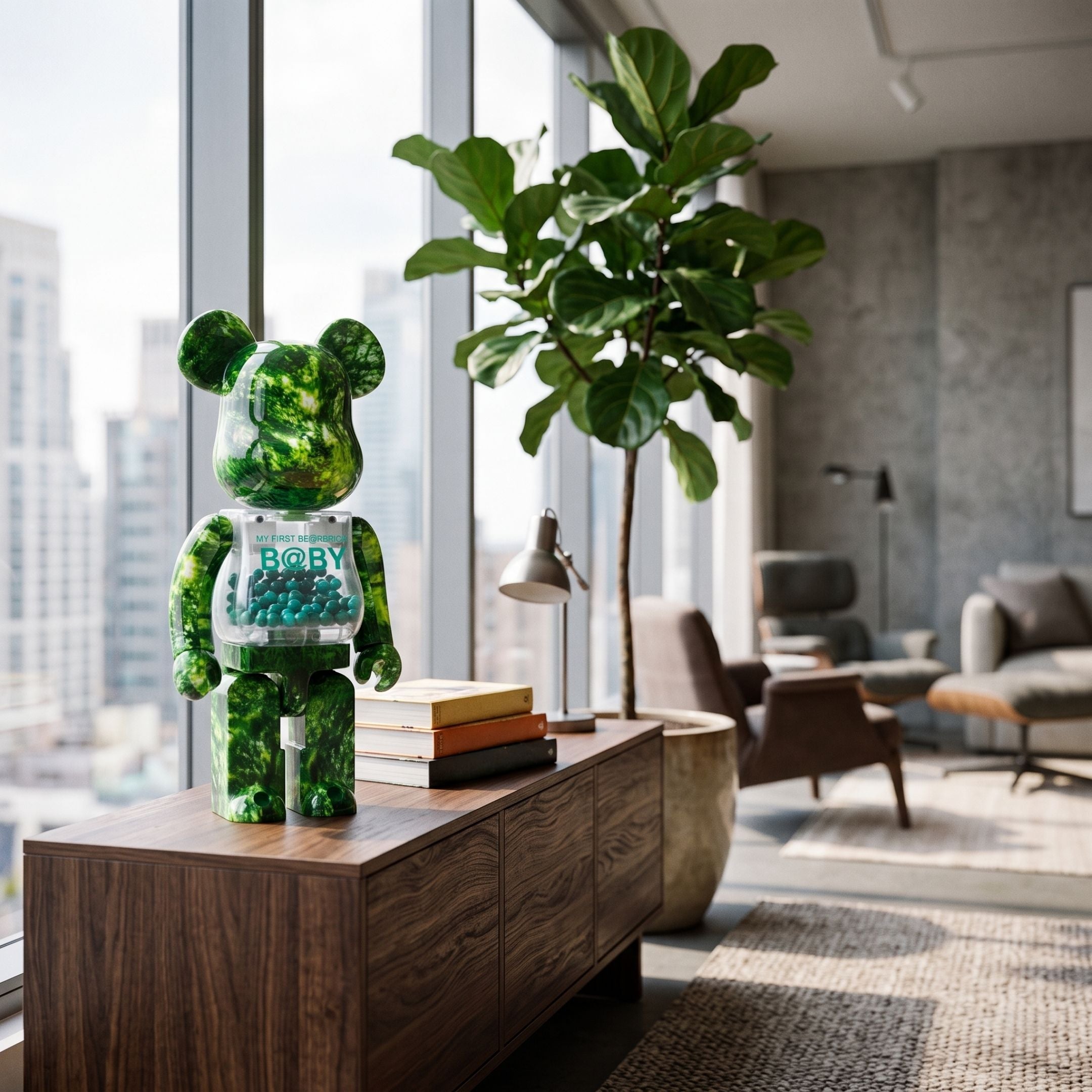 Woodland Beads Bear Sculpture - 70cm in green marbled resin with clear bead-filled chest, displayed on a wood credenza in a modern living room with city views.