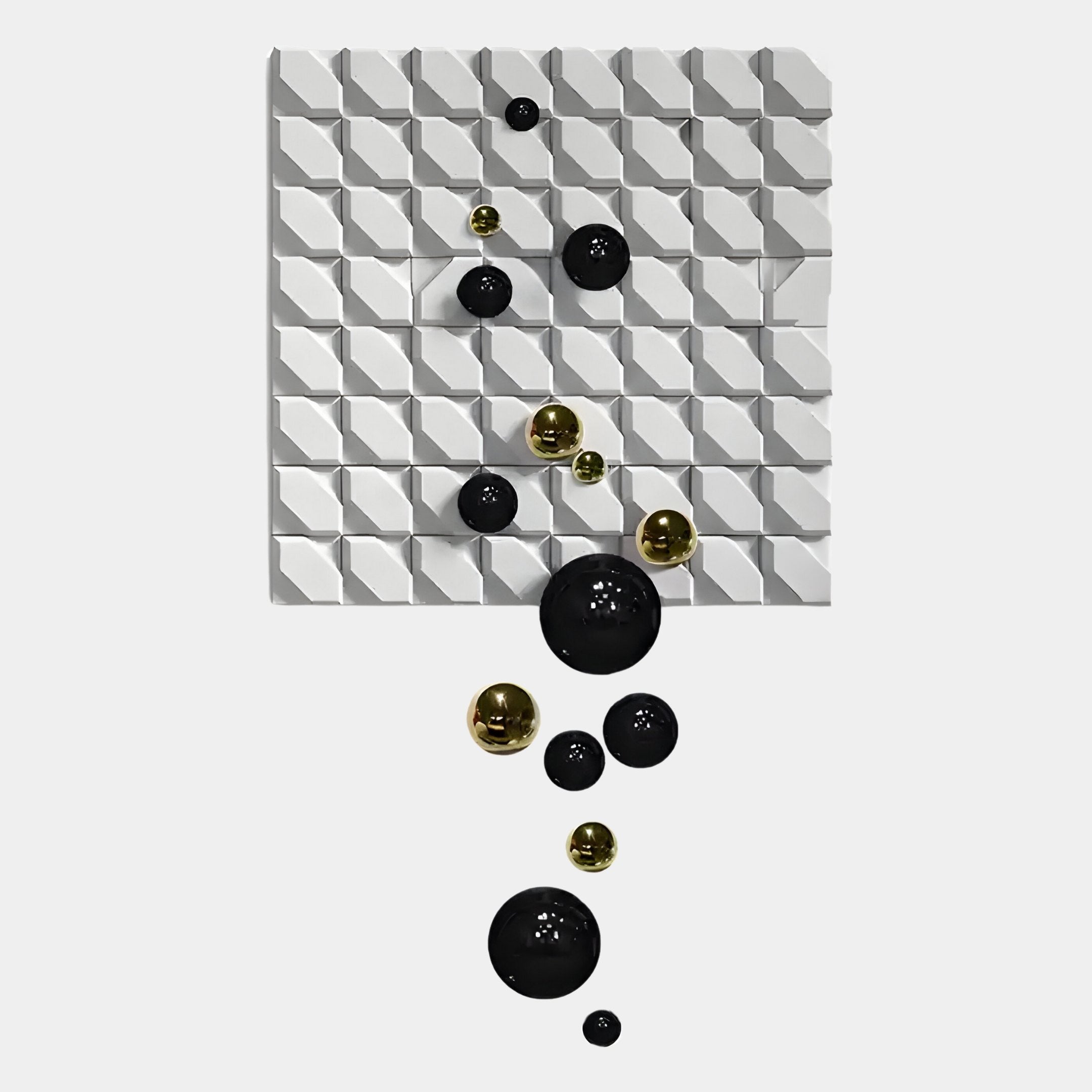 The Orbina White 3D Wood Relief Wall Art by Giant Sculptures showcases raised diamond patterns with glossy black and gold metal balls in a flowing diagonal design, creating a striking geometric statement for your space.