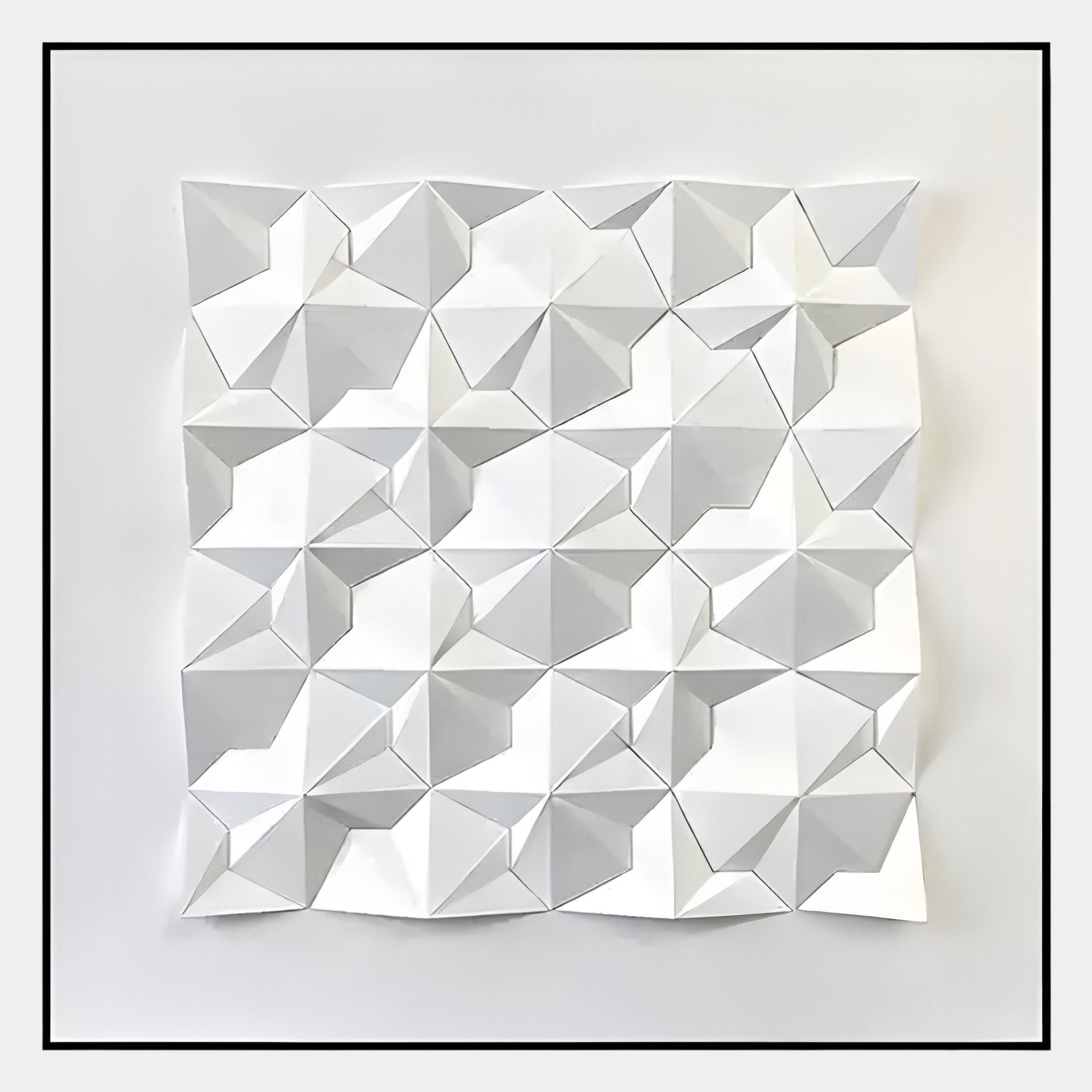 The Geometrica Tessellated Cube White 3D Wood Relief Wall Art by Giant Sculptures features white, three-dimensional folded forms in a square grid, creating dynamic light and shadow effects for a captivating wall display.
