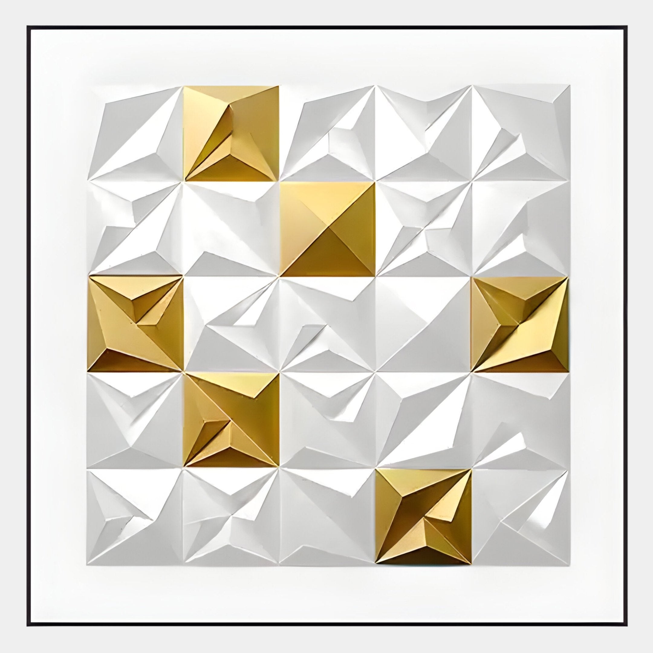 Geometrica White & Gold Accent 3D Wood Relief Wall Art by Giant Sculptures features a square grid of 16 raised pyramids, alternating metallic gold and glossy white, set in a white frame for a bold modern look.