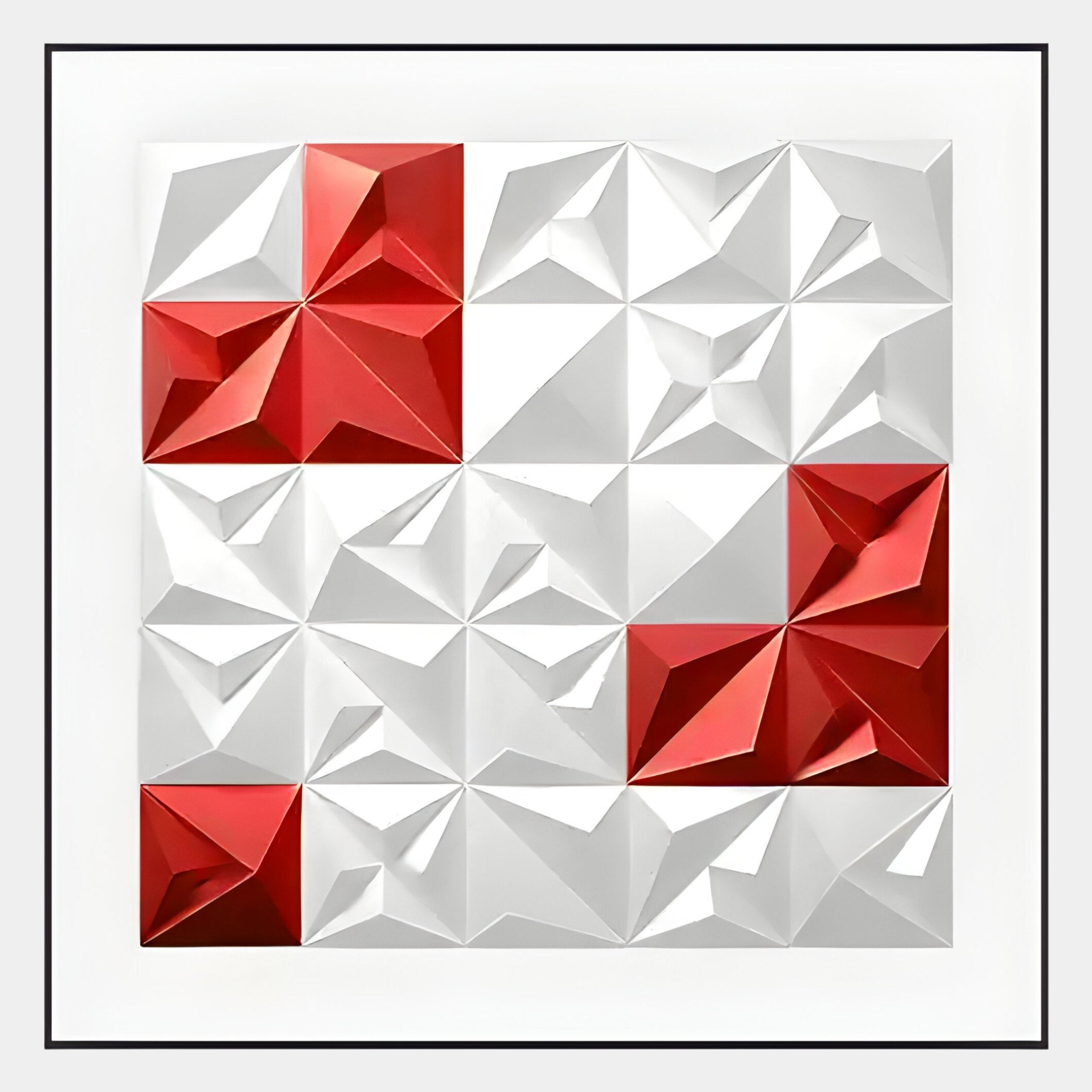 The Geometrica White & Red Accent 3D Wood Relief Wall Art by Giant Sculptures features a grid of 16 raised pyramids—four in bold red among glossy white—creating striking modern decor for any space.